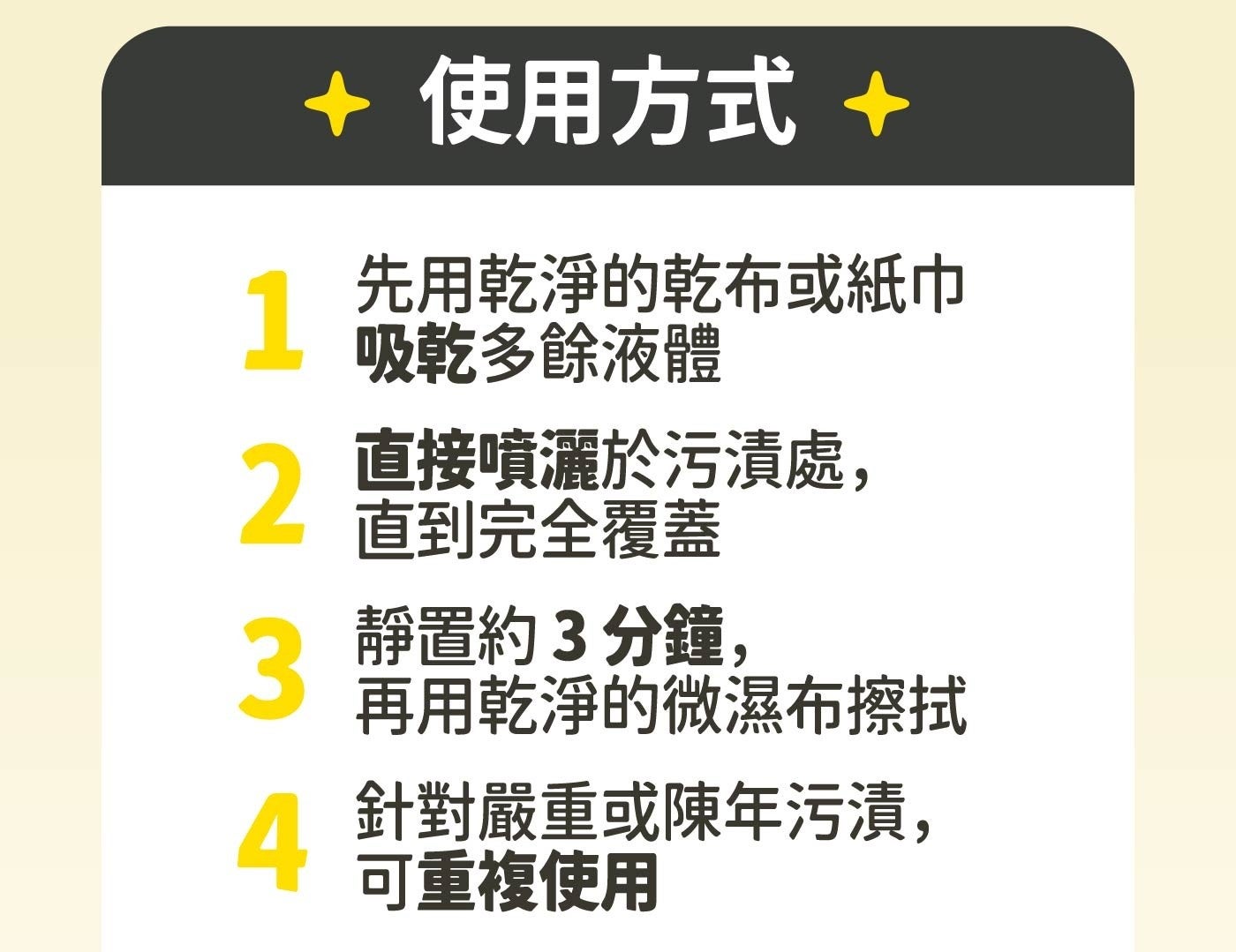 使用方式 先用乾淨的乾布或紙巾 吸乾多餘液體 直接噴灑於污漬處, 直到完全覆蓋 靜置約3分鐘, 再用乾淨的微濕布擦拭 針對嚴重或陳年污漬, 可重複使用