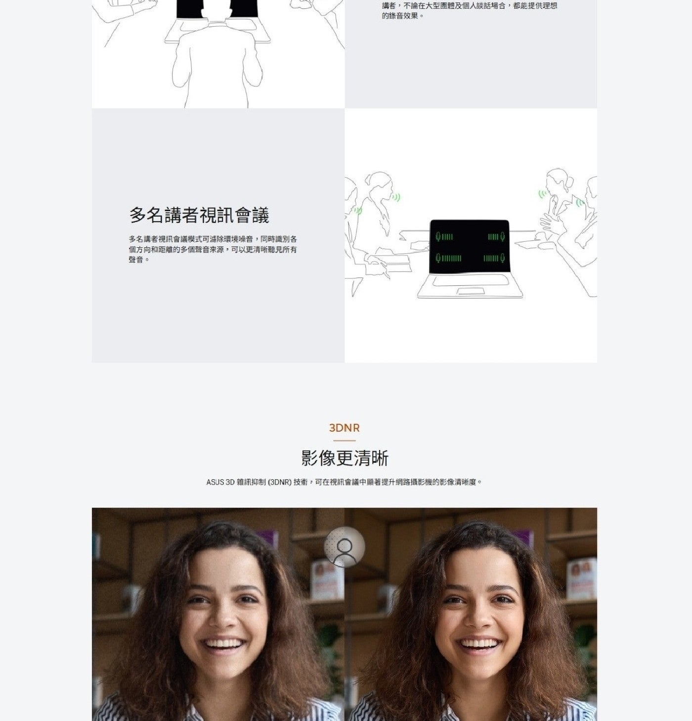 多名講者視訊會議 多名講者視訊會議模式可減除環境噪音,同時識別各 個方向和距離的多個聲音來源,可以更清晰聽見所有 聲音 講者,不論在大型團體及個人談話場合,都能提供理想 的錄音效果