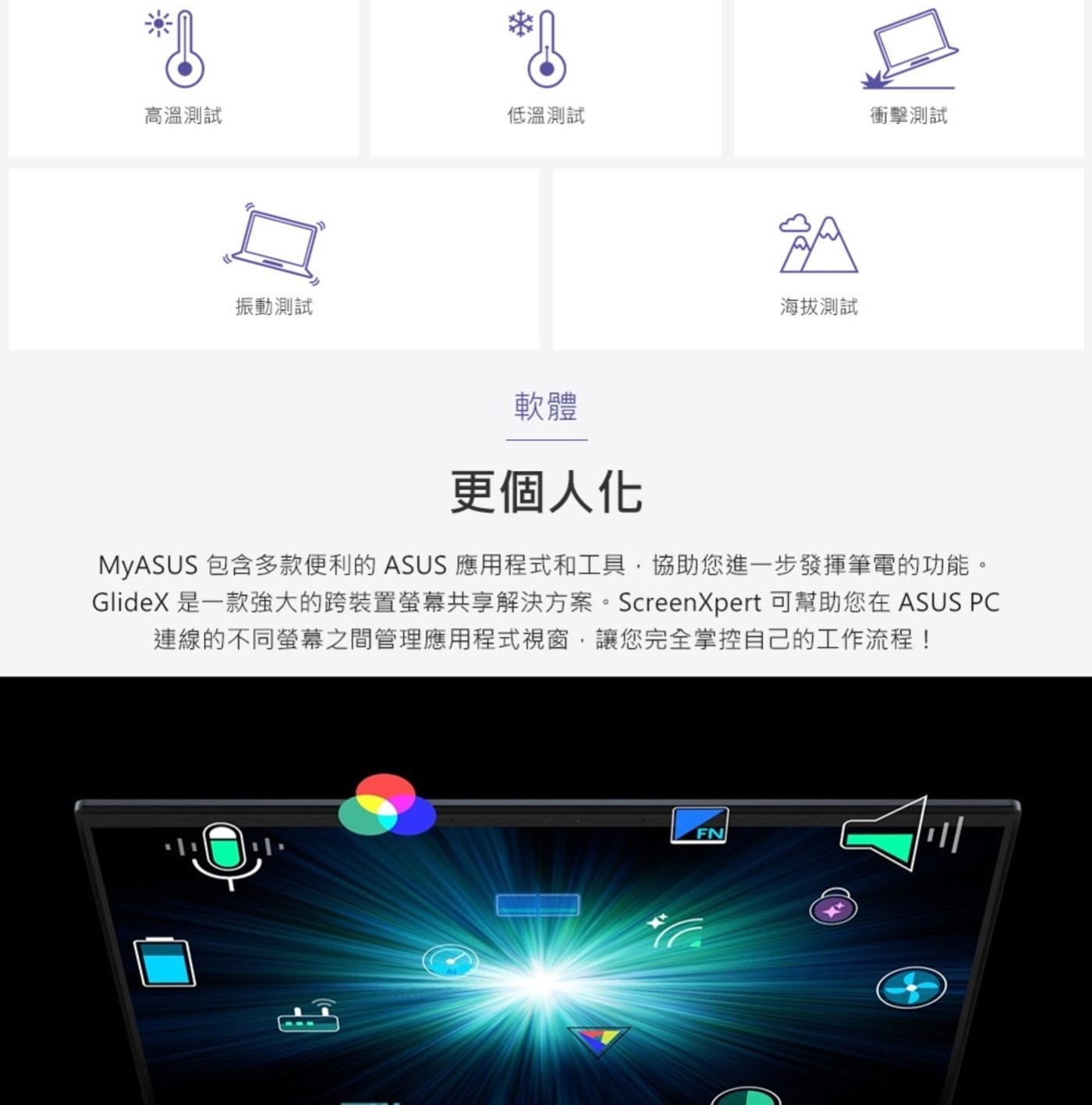 高溫測試 低溫測試 衝擊測試 振動測試 SA 海拔測試 軟體 更個人化 MyASUS 包含多款便利的 ASUS 應用程式和工具,協助您進1步發揮筆電的功能。