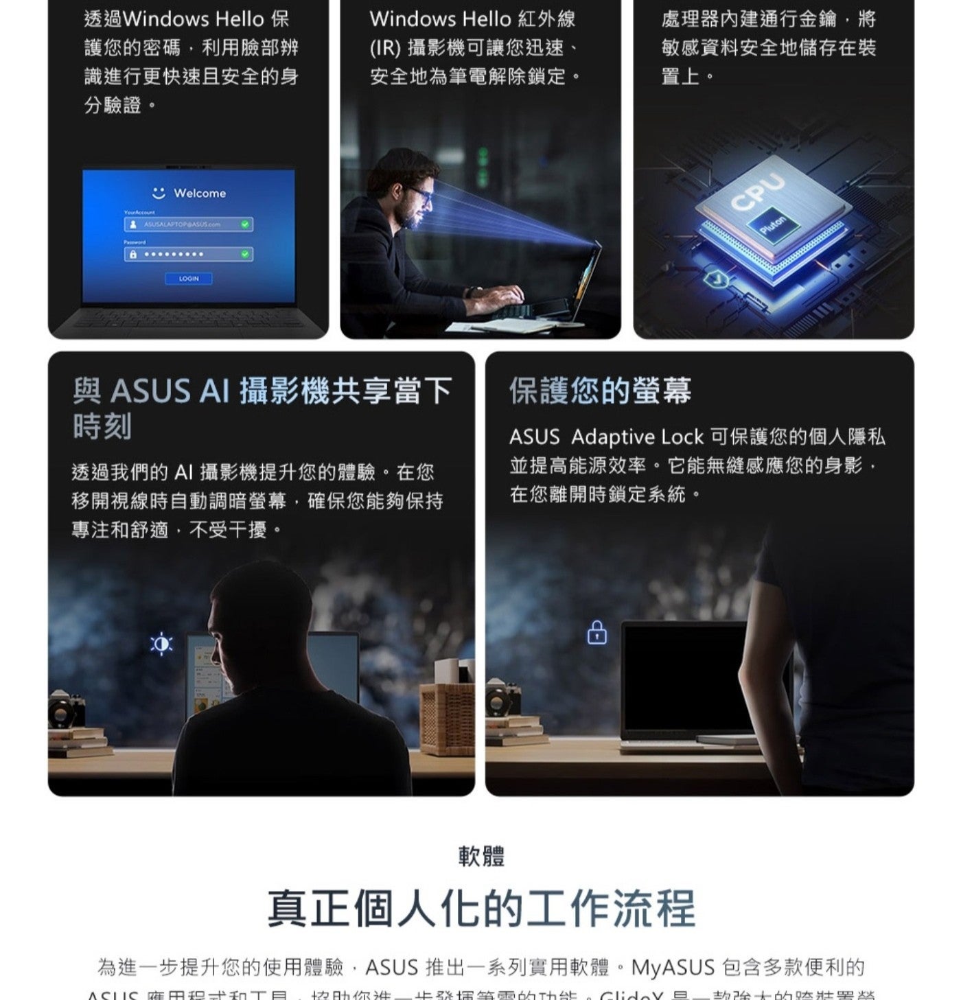 透過Windows Hello 保 護您的密碼,利用臉部辨 識進行更快速且安全的身 分驗證 Windows 紅外線 IR 攝影機可讓您迅速 安全地為筆電解除鎖定