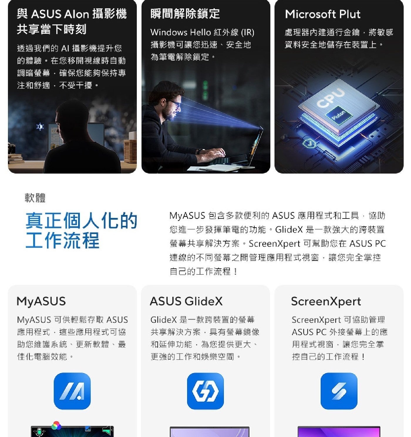 與 ASUS Alon 攝影機 共享當下時刻 瞬間解除鎖定 Microsoft Plut 透過我們的 AI 攝影機提升您 的體驗在您移開視線時自動 調暗螢幕,確保您能夠保持專 注和舒適,不受干擾