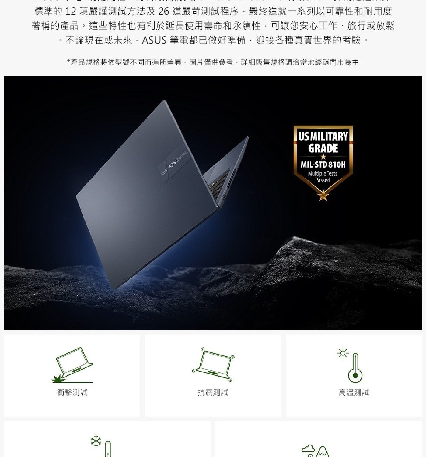 標準的 項嚴謹測試方法及26道嚴苛測試程序,最終造就1系列以可靠性和耐用度 著稱的產品這些特性也有利於延長使用壽命和永續性,可讓您安心工作旅行或放鬆