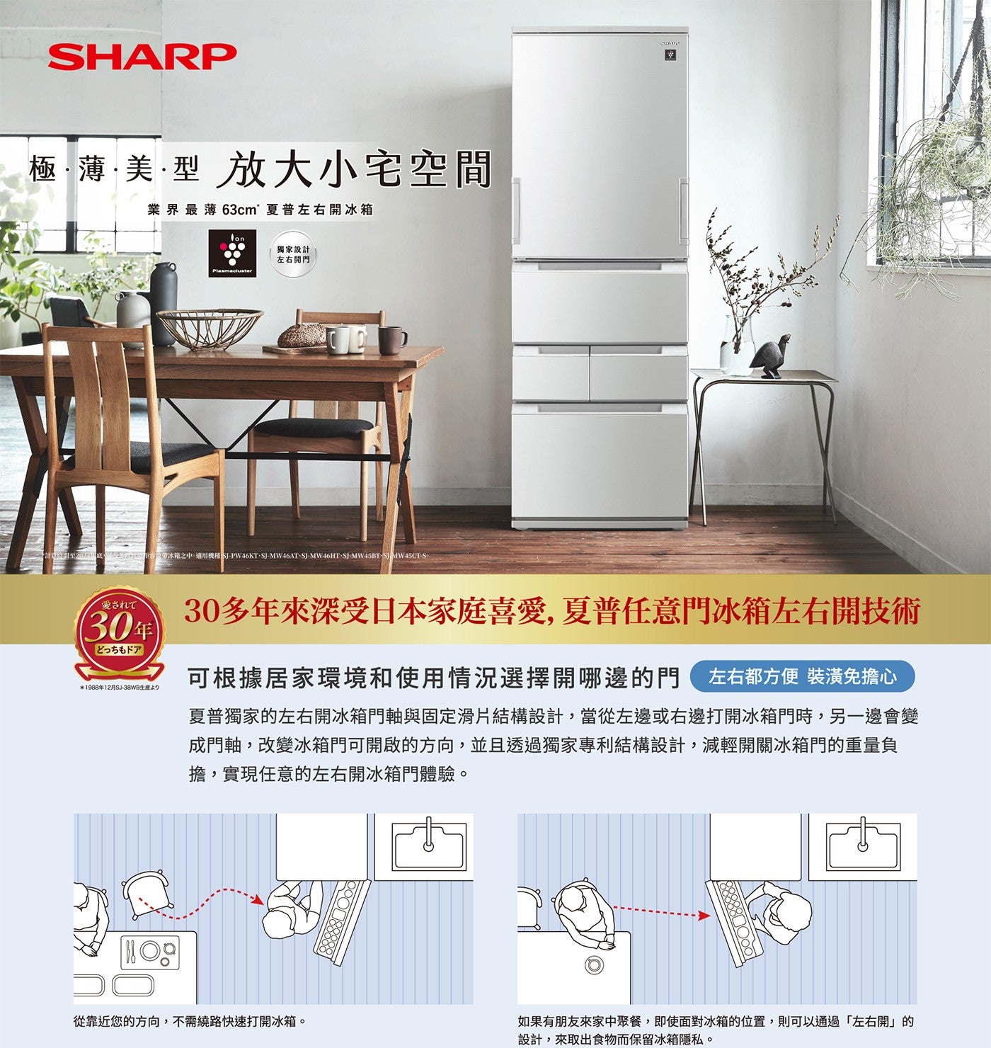 SHARP 極薄美型 放大小宅空間 業界最薄 63cm 夏普左右開冰箱 Jon 獨家設計 左右開門 Pasnaoluster 雙時間至2024年底,在多将带冰箱之中。