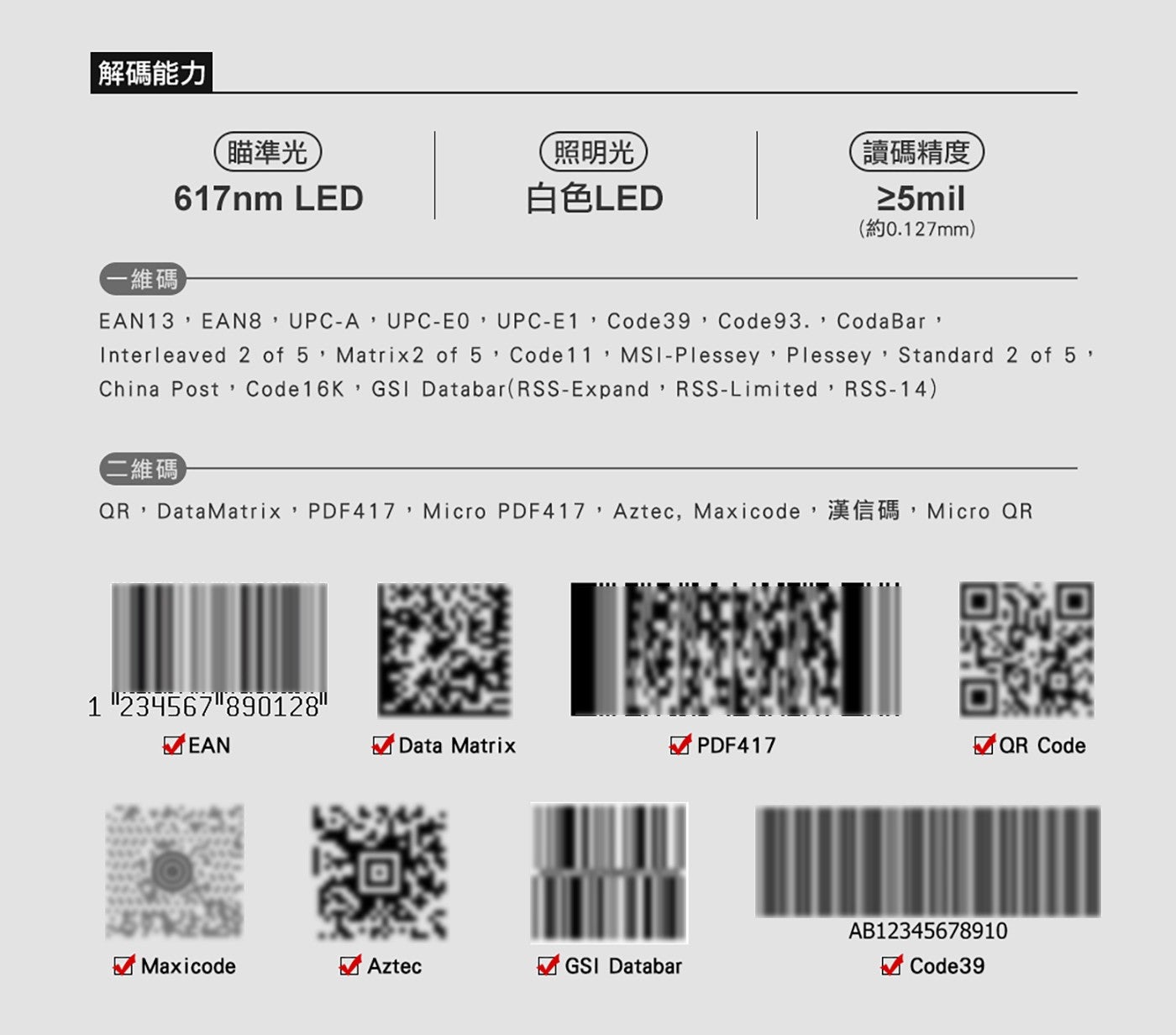 解碼能力 瞄準光 照明光 LED 白色 LED 1 維碼 Interleaved of Cod 讀碼精度 Plessey Standard China Post CodK GSI Databar 2 維碼...