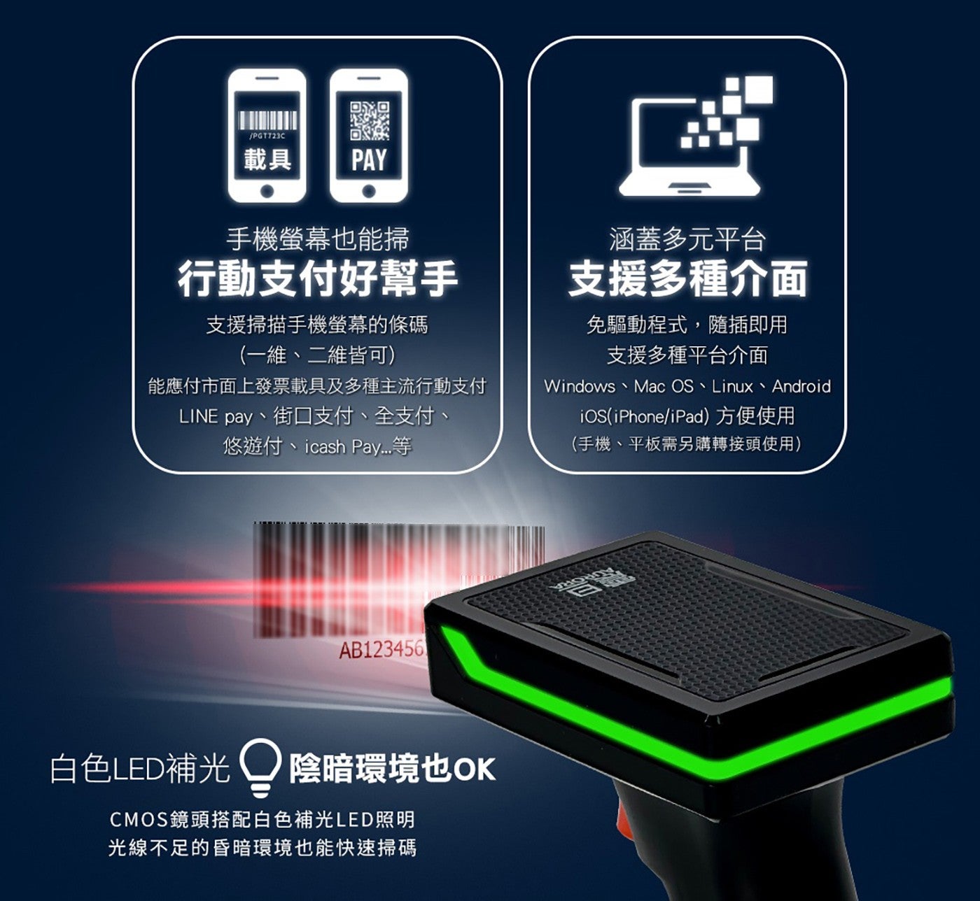 載具 PAY 手機螢幕也能掃 行動支付好幫手 支援掃描手機螢幕的條碼 x1 維 2 維皆可 能應付市面上發票載具及多種主流行動支付 LINE pay 街口支付全支付 悠遊付 icash Pay.....