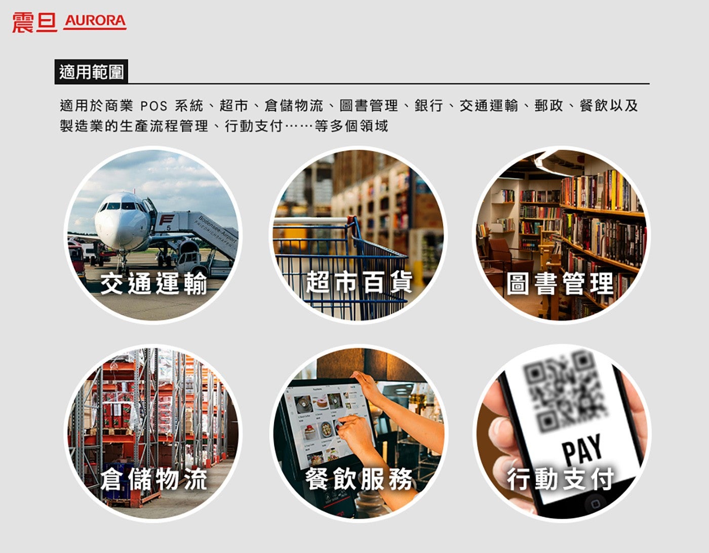 震旦 AURORA 適用範圍 適用於商業 POS 系統超市倉儲物流圖書管理銀行交通運輸郵政餐飲以及 製造業的生產流程管理行動支付......