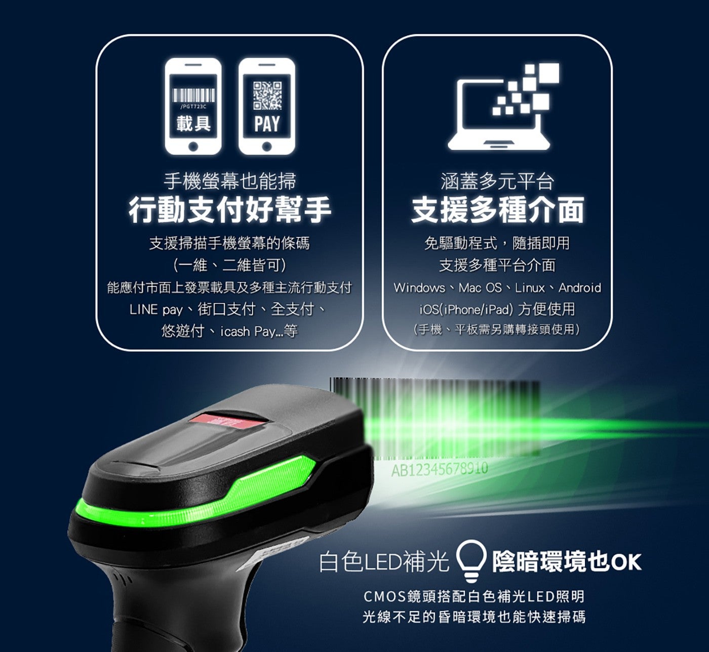 載具 PAY 手機螢幕也能掃 行動支付好幫手 支援掃描手機螢幕的條碼 x1 維 2 維皆可 能應付市面上發票載具及多種主流行動支付 LINE pay 街口支付全支付 悠遊付 icash Pay...等.