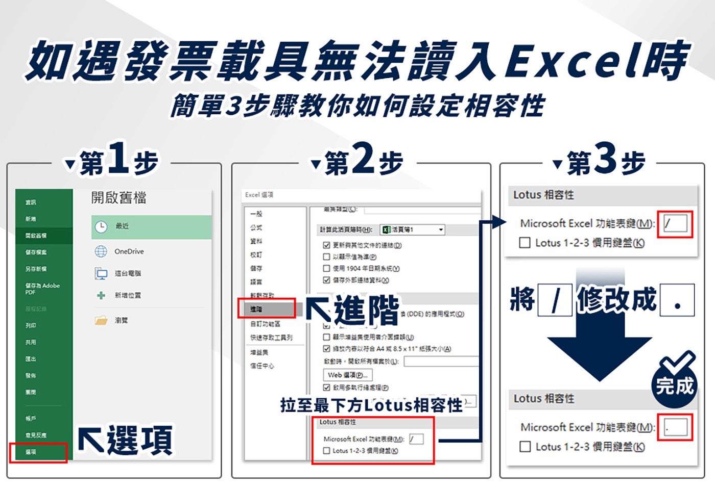 如遇發票載具無法讀入 Excel 時 新增 饮食區腐 第 x1 步 最近 簡單 3 步驟教你如何設定相容性 第 2 步 資訊 開啟舊檔 Excel 選項 黃 x1 般 儲存機點 OneDrive 公式 資料 校訂...