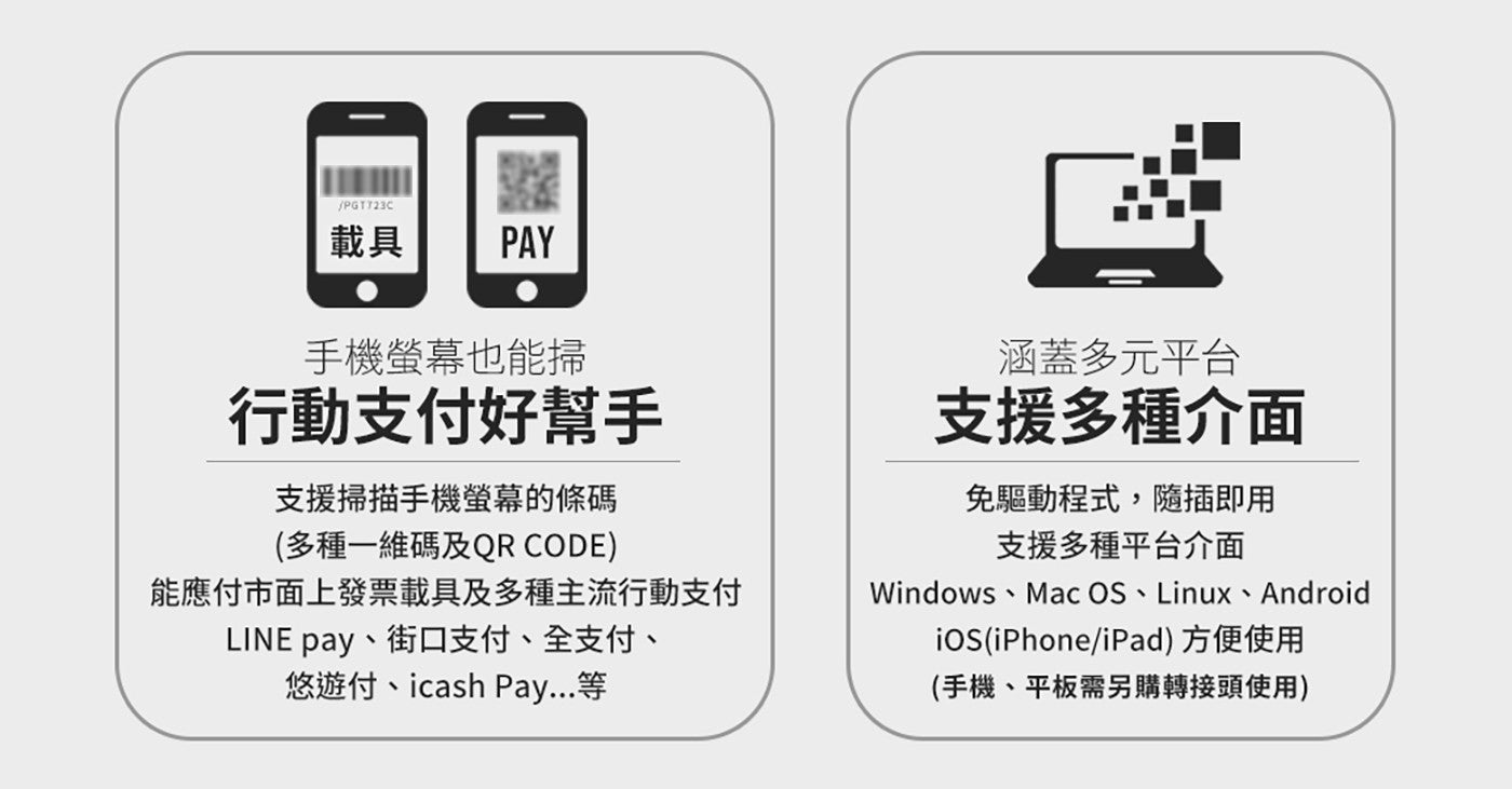 載具 PAY 手機螢幕也能掃 行動支付好幫手 涵蓋多元平台 支援多種介面 支援掃描手機螢幕的條碼 多種 x1 維碼及 QR CODE 免驅動程式...