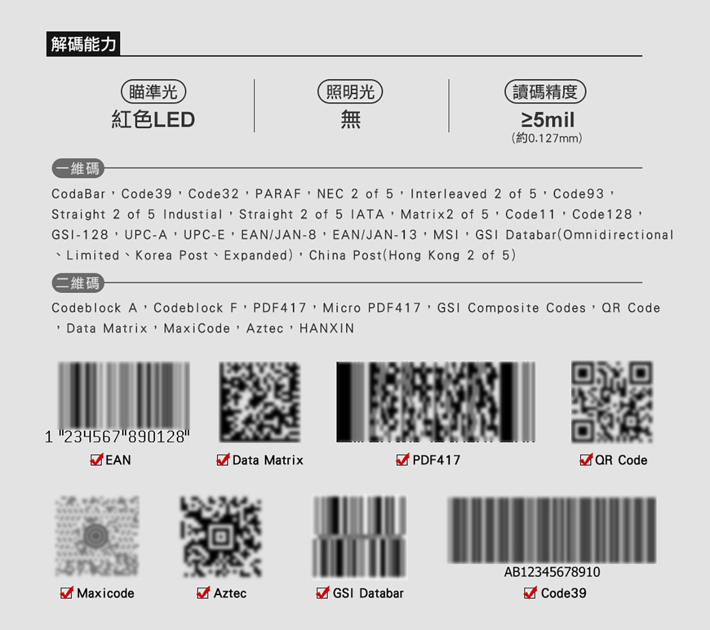 解碼能力 瞄準光 照明光 讀碼精度 紅色 LED 無 x1 維碼 CodaBar Cod PARAF NEC of Interleaved Straight Industial IATA MSI GSI...