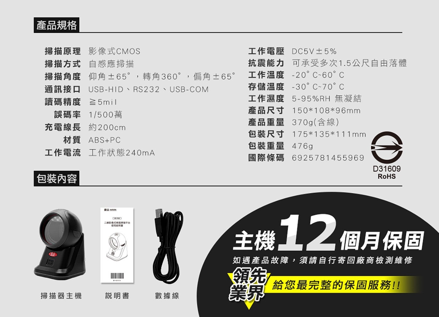 產品規格 掃描原理 影像式 CMOS 掃描方式 自感應掃描 掃描角度 仰角 65,轉角 360,偏角 65 通訊接口 USB-HIDRS232...