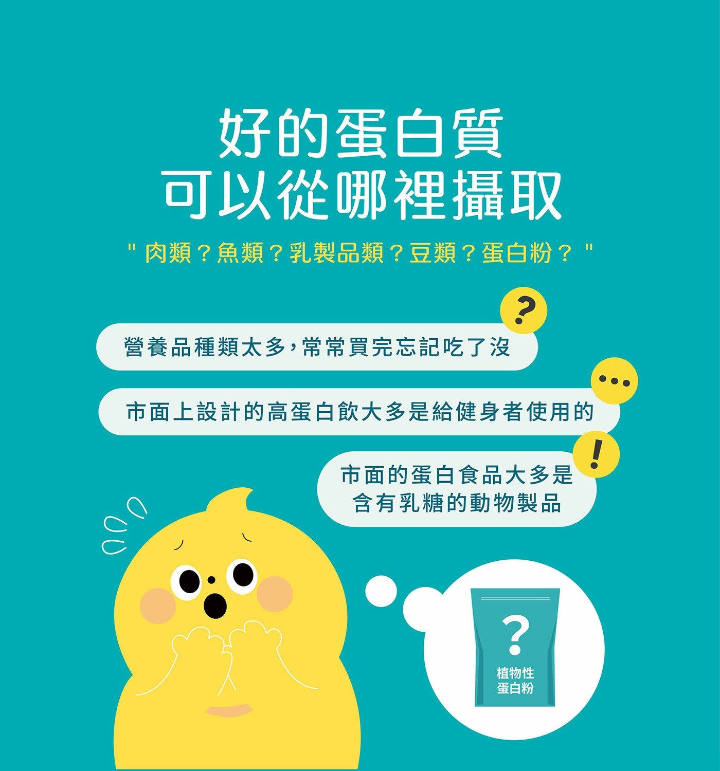 好的蛋白質可以從哪裡攝取肉類?魚類?乳製品類?豆類?蛋白粉? 營養品種類太多,常常買完忘記吃了沒市面上設計的高蛋白飲大多是給健身者使用的市面的蛋白食品大多是含有乳糖的動物製品植物性蛋白粉