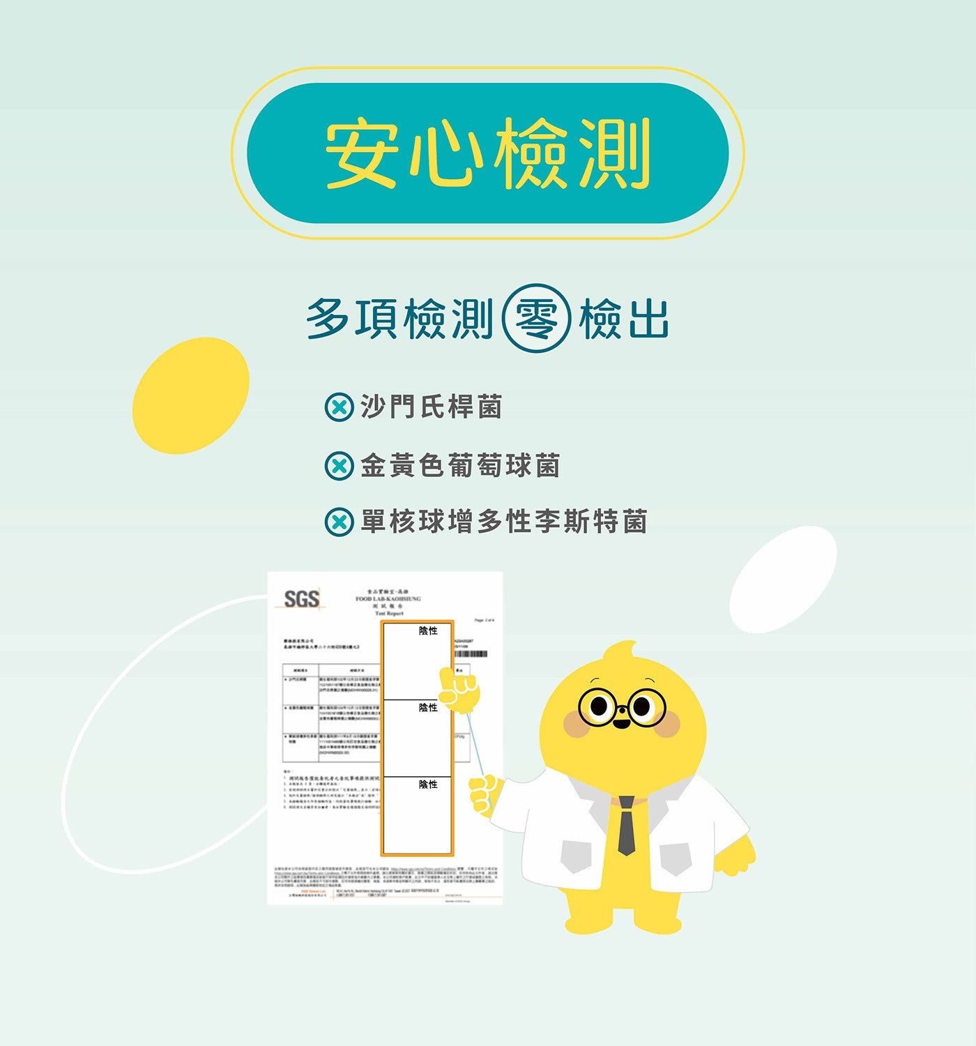 安心檢測多項檢測零檢出 沙門氏桿菌 金黃色葡萄球菌 單核球增多性李斯特菌陰性陰性陰性