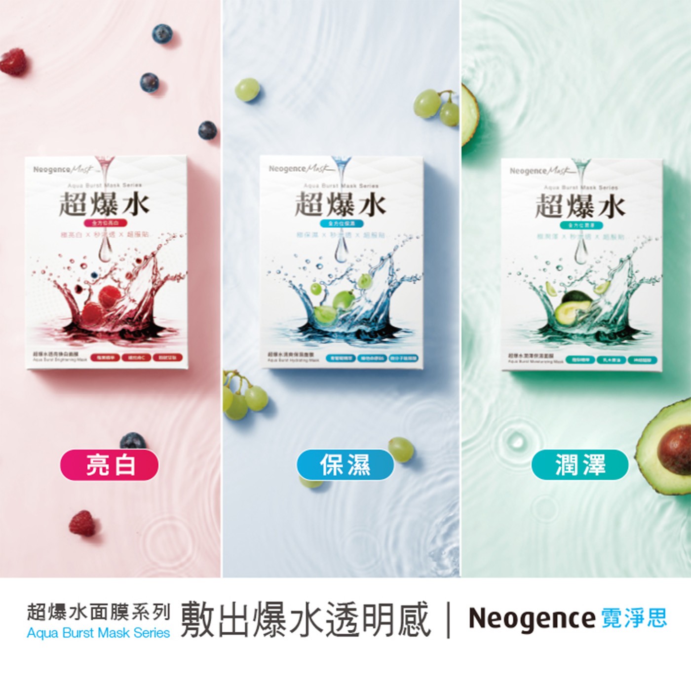 Neogence Mast Aqua Burst Mask Series 超爆水 種亮白×炒×超服貼 亮白 保濕 潤澤 超爆水面膜系列 敷出爆水透明感 Neogence霓淨思