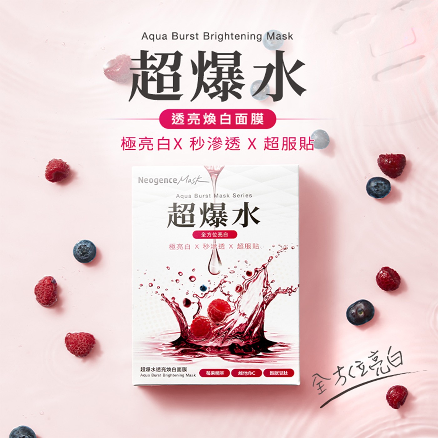 Aqua Burst Brightening Mask 超爆水 透亮煥白面膜 極亮白X 秒滲透X超服貼 Neogence Series 全方位亮白 極亮白 超爆水透亮煥白面膜 花采精萃 維他C...