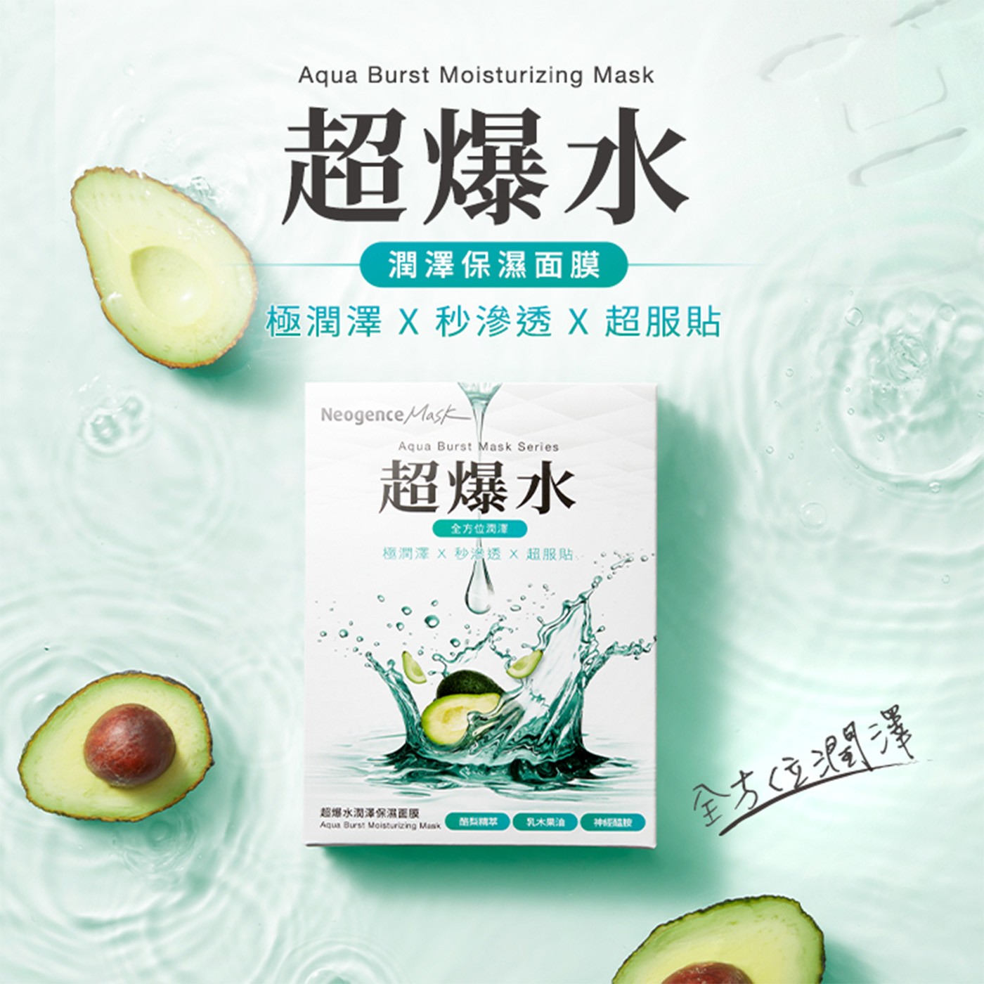 Aqua Burst Moisturizing Mask 超爆水 潤澤保濕面膜 極潤澤 秒滲透X超服貼 Neogence Series 全方位潤澤 超爆水潤澤保濕面膜 酪及精状 乳木果油 神級猛按...