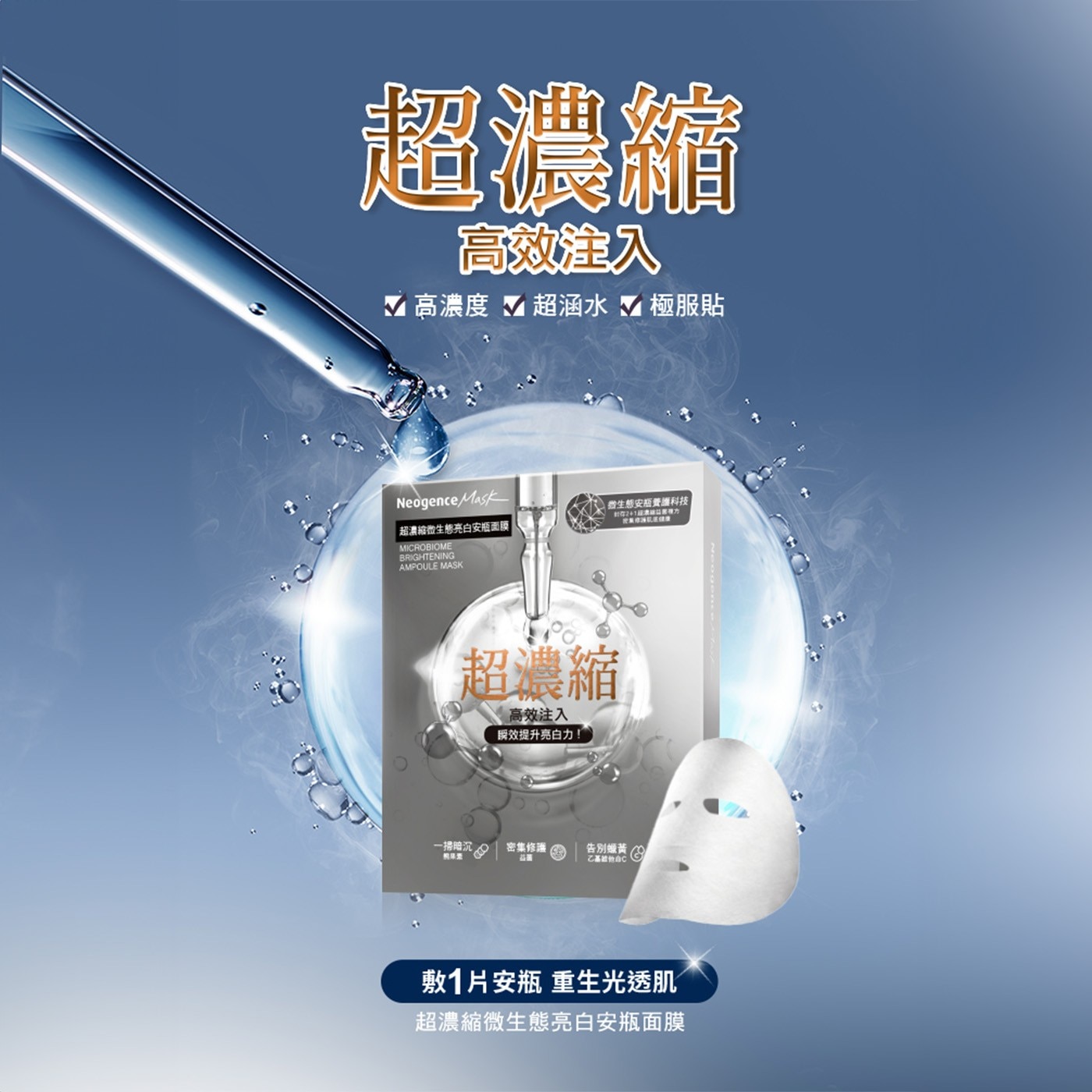 超濃縮 高效注入 高濃度 超涵水 極服貼 Neogence Mask 超濃縮微生態亮白安瓶面膜 MICROBIOME BRIGHTENING AMPOULE MASK 微生態安瓶費攜科技...