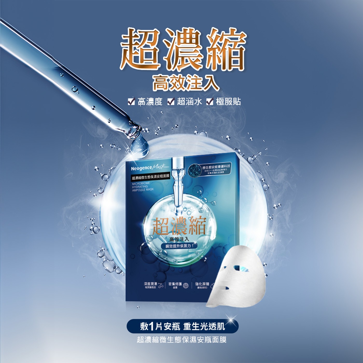 超濃縮 高效注入 高濃度 超涵水 極服貼 Neogence Mask 超濃縮微生態保濕安瓶面膜 MICROBIOME HYDRATING AMPOULE MASK 瞬效提升保濕力!
