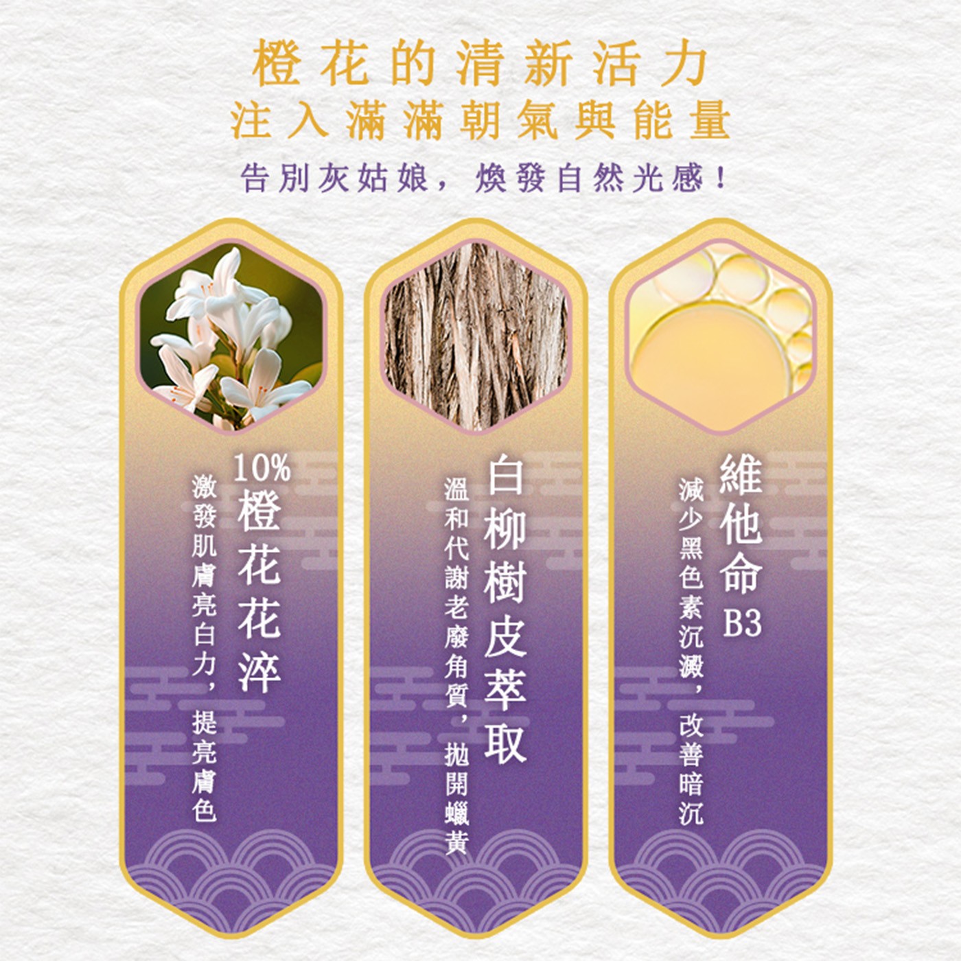 橙花的清新活力 注入滿滿朝氣與能量 告別灰姑娘,煥發自然光感! 維他命 減少黑色素沉澱,改善暗沉 白柳樹皮萃取 溫和代謝老廢角質,拋開蠟黃 橙花花淬 Hi Ha 激發肌膚亮白力,提亮膚色