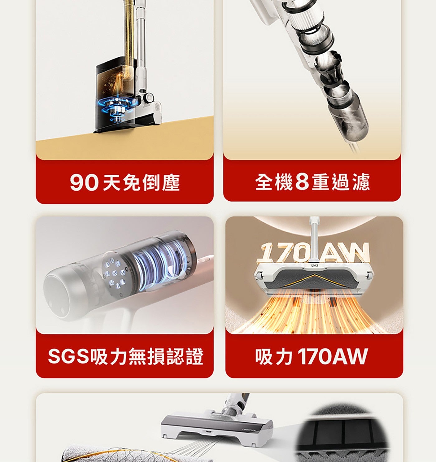 90天免倒塵 全機8重過濾 AN SGS吸力無損認證 吸力170AW
