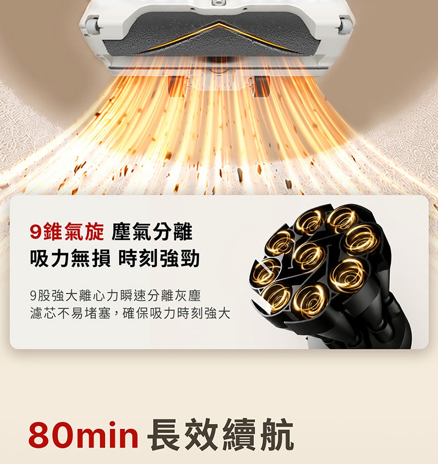 9錐氣旋 塵氣分離 吸力無損 時刻強勁 9股強大離心力瞬速分離灰塵 濾芯不易堵塞,確保吸力時刻強大 長效續航