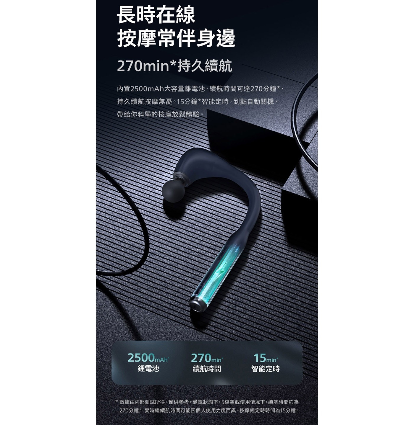 長時在線 按摩常伴身邊 270min持久續航 內置2500mAh大容量離電池,續航時間可達270分鐘, 持久續航按摩無憂。15分鐘智能定時,到點自動關機, 帶給你科學的按摩放鬆體驗。