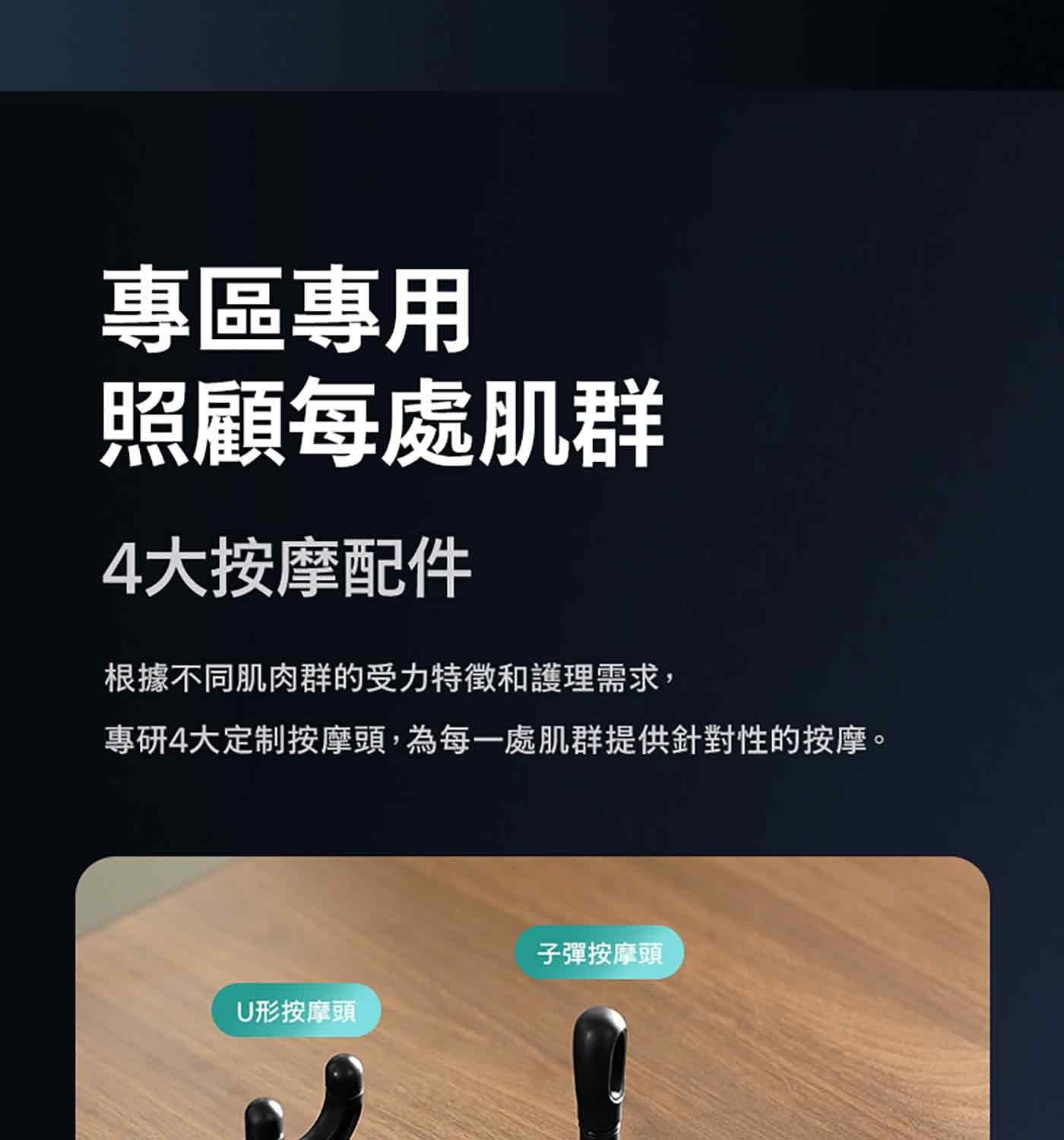 專區專用 照顧每處肌群 4大按摩配件 根據不同肌肉群的受力特徵和護理需求, 專研4大定制按摩頭,為每1處肌群提供針對性的按摩。 子彈按摩頭 U形按摩頭