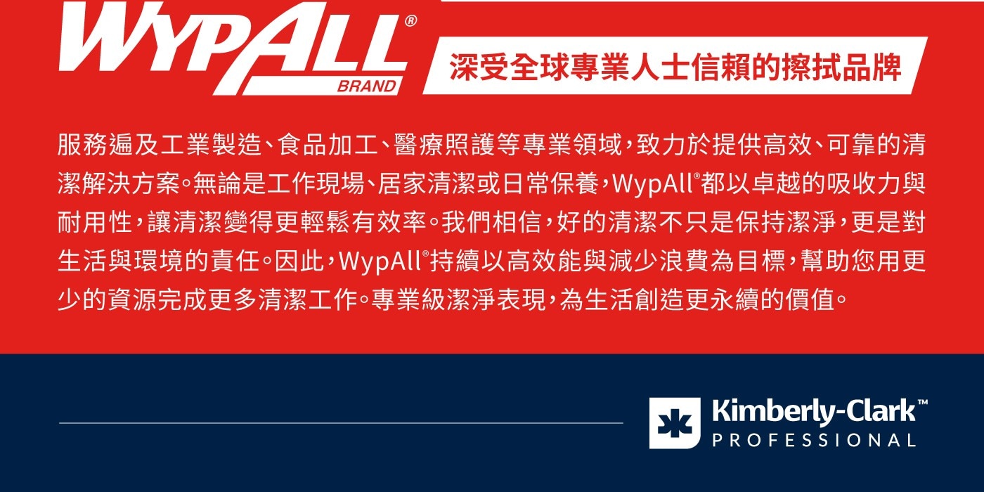 深受全球專業人士信賴的擦拭品牌 服務遍及工業製造食品加工醫療照護等專業領域,致力於提供高效可靠的清 潔解決方案