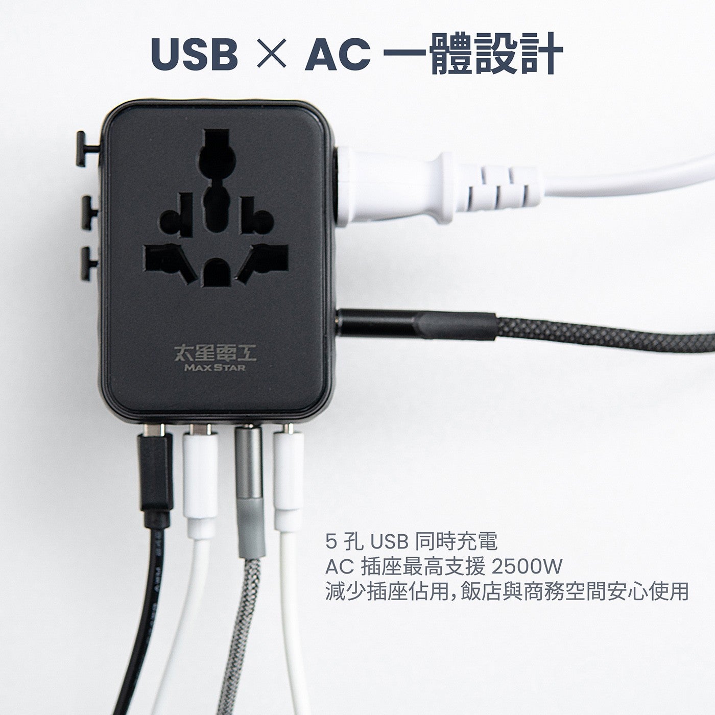 USB AC 一體設計 太星電工 MAX STAR 孔 同時充電 插座最高支援 2500W 減少插座佔用,飯店與商務空間安心使用