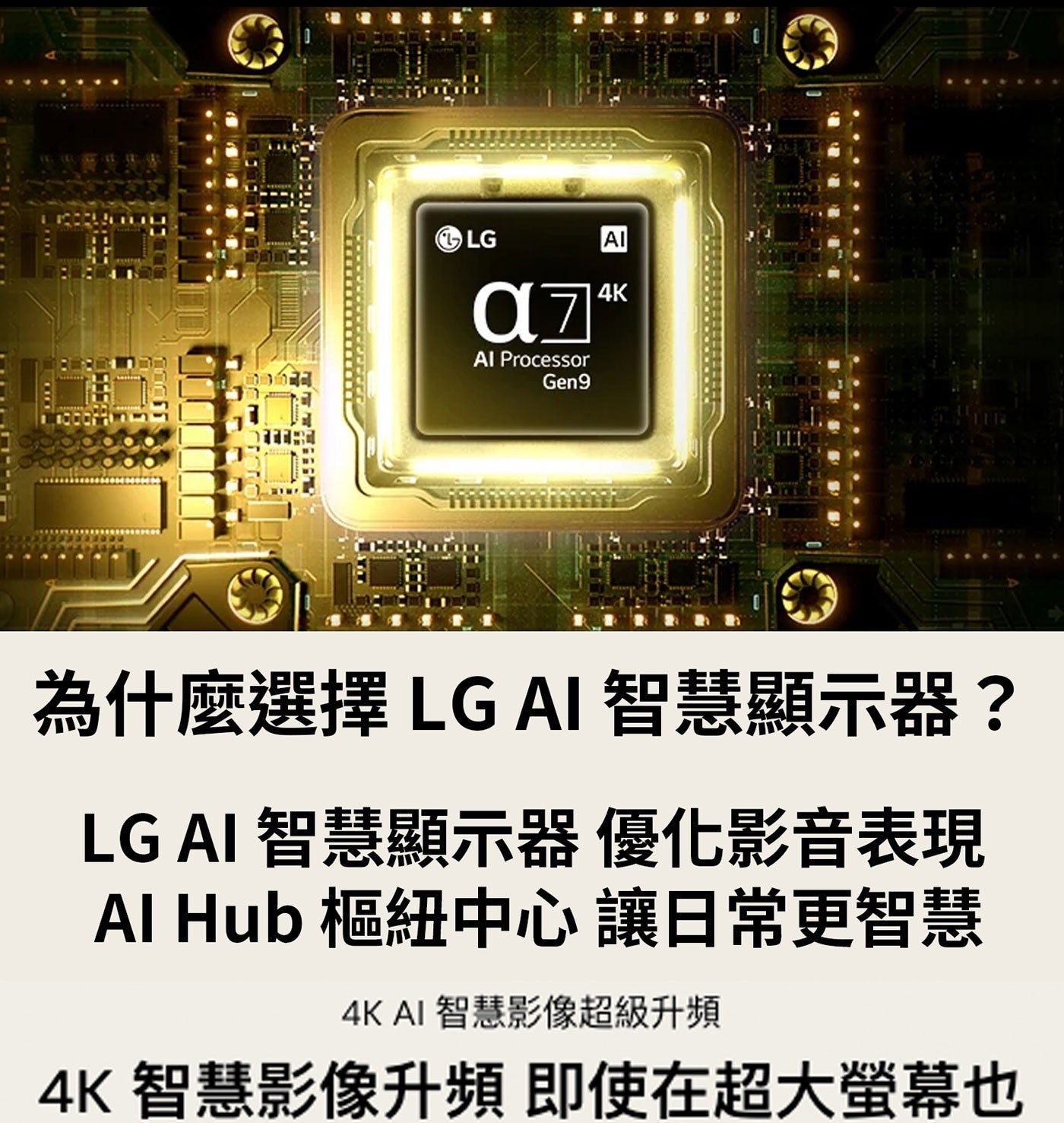 LG AI Al Processor Geng 為什麼選擇LGAI 智慧顯示器? 智慧顯示器 優化影音表現 Hub 樞紐中心 讓日常更智慧 智慧影像超級升頻 4K智慧影像升頻 即使在超大螢幕也