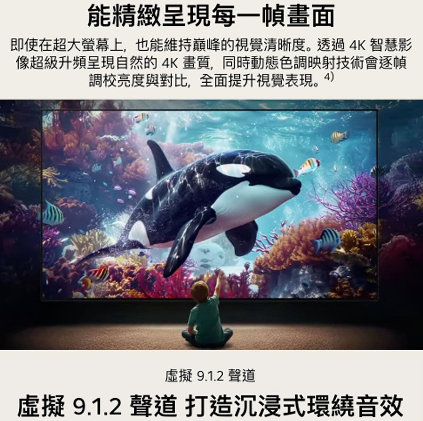 能精緻呈現每1幀畫面 即使在超大螢幕上,也能維持巔峰的視覺清晰度。透過4K智慧影 像超級升頻呈現自然的4K畫質,同時動態色調映射技術會逐幀 調亮度與對比,全面提升視覺表現。4 虛擬9.1.