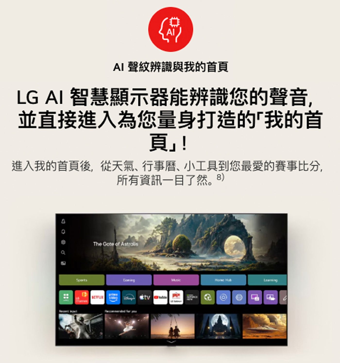 AI 聲紋辨識與我的首頁 LG 智慧顯示器能辨識您的聲音, 並直接進入為您量身打造的「我的首 頁」! 進入我的首頁後,從天氣、行事曆、小工具到您最愛的賽事比分, 所有資訊1目了然。