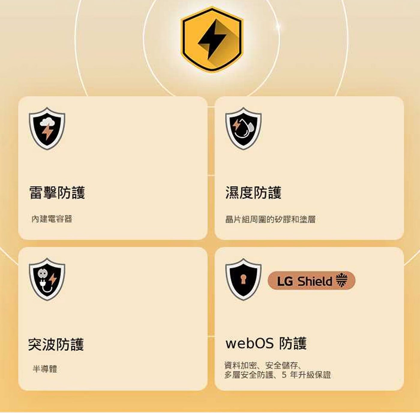 雷擊防護 內建電容器 濕度防護 晶片組周圍的矽膠和塗層 LG Shield 突波防護 半導體 webOS 防護 資料加密、安全儲存、 多層安全防護、5年升級保證