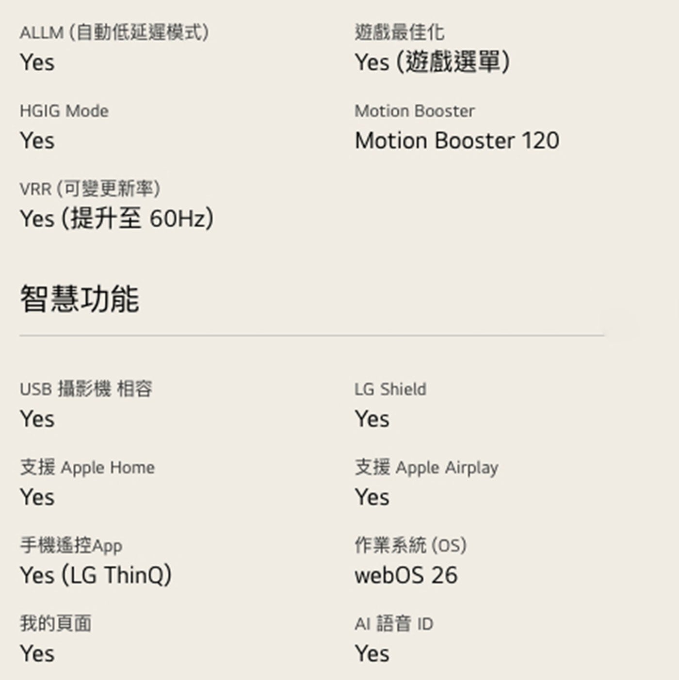 ALLM 自動低延遲模式 Yes HGIG Mode VRR可變更新率 提升至60Hz 智慧功能 遊戲最佳化 遊戲選單 Motion Booster Booste USB 攝影機 相容 支援...