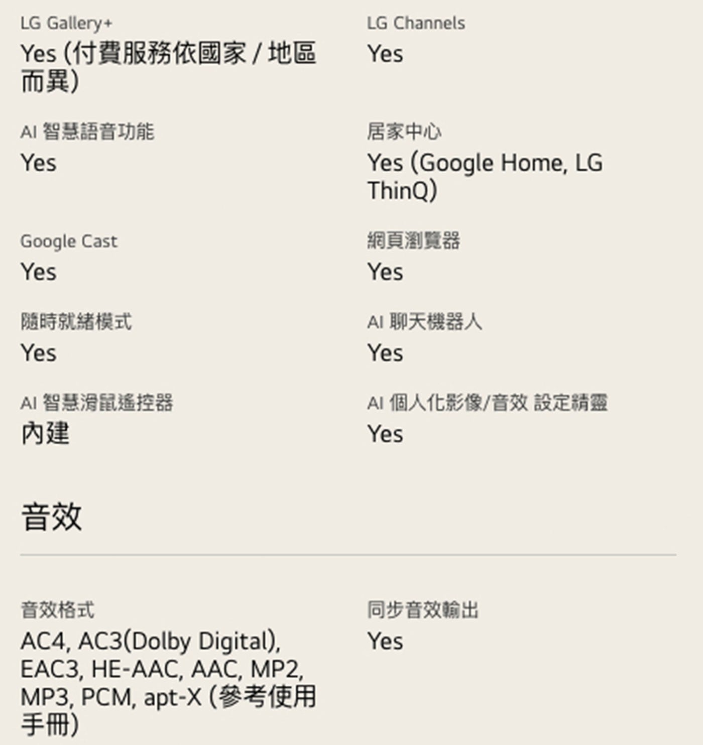LG Gallery Yes 付費服務依國家/地區 而異 AI智慧語音功能 Channels Google Cast 隨時就緒模式 AI 智慧滑鼠遙控器 內建 音效 居家中心 Google...