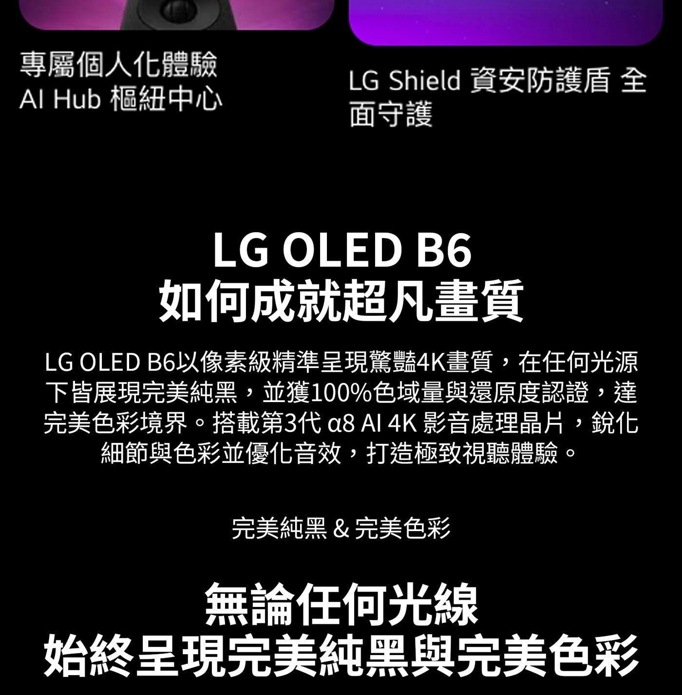 專屬個人化體驗 Al Hub 樞紐中心 LG Shield 資安防護盾 全 面守護 OLED 如何成就超凡畫質 B6以像素級精準呈現驚豔4K畫質,在任何光源 下皆展現完美純黑...