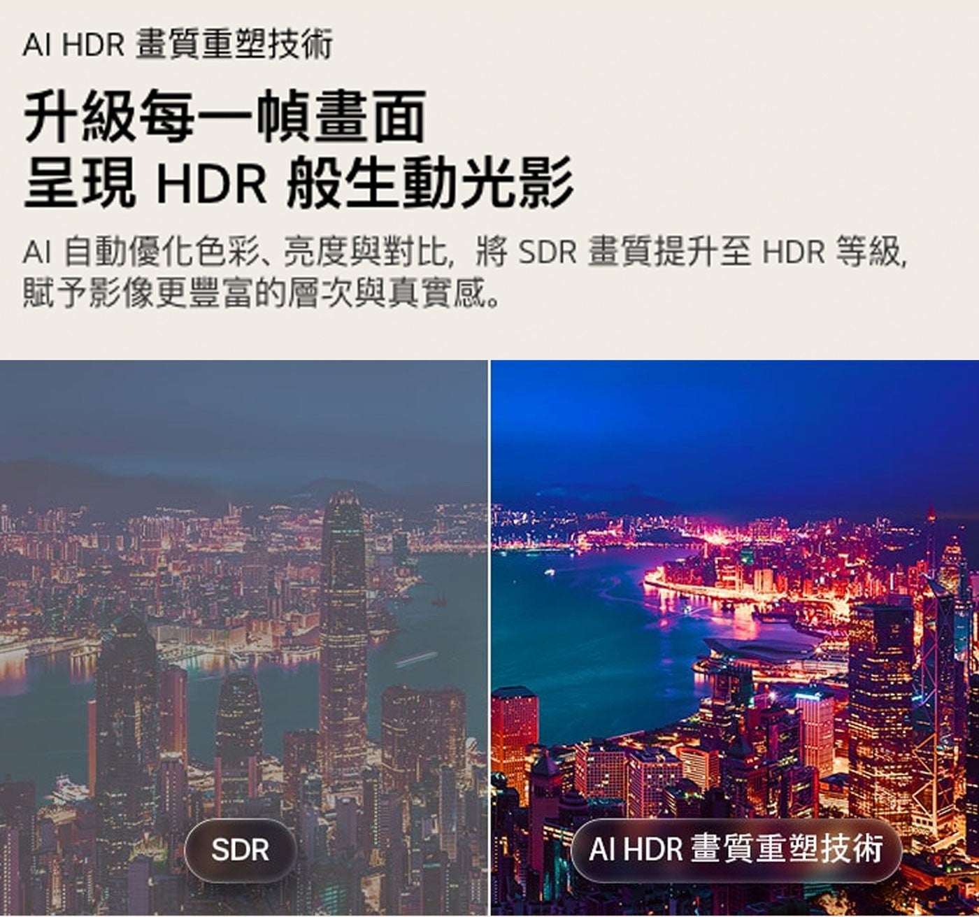 AI HDR 畫質重塑技術 升級每1幀畫面 呈現 般生動光影 自動優化色彩、亮度與對比,將SDR畫質提升至 等級, 賦予影像更豐富的層次與真實感。 SDR