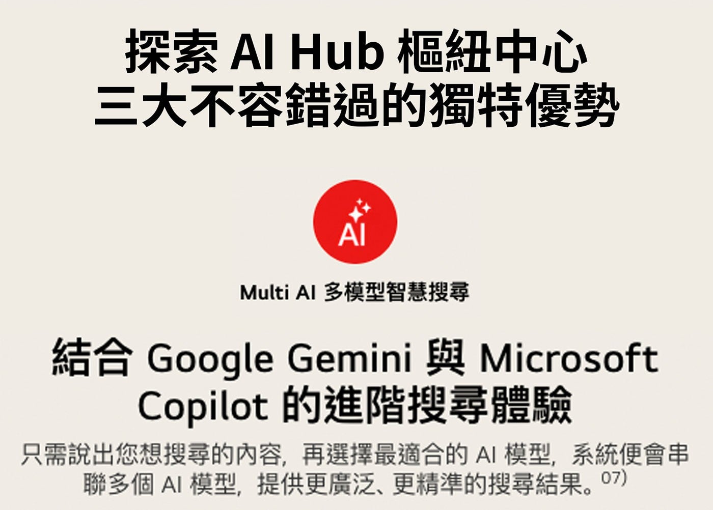 探索 Al Hub 樞紐中心 3大不容錯過的獨特優勢 AI Multi 多模型智慧搜尋 結合 Google Gemini 與 Microsoft Copilot 的進階搜尋體驗...