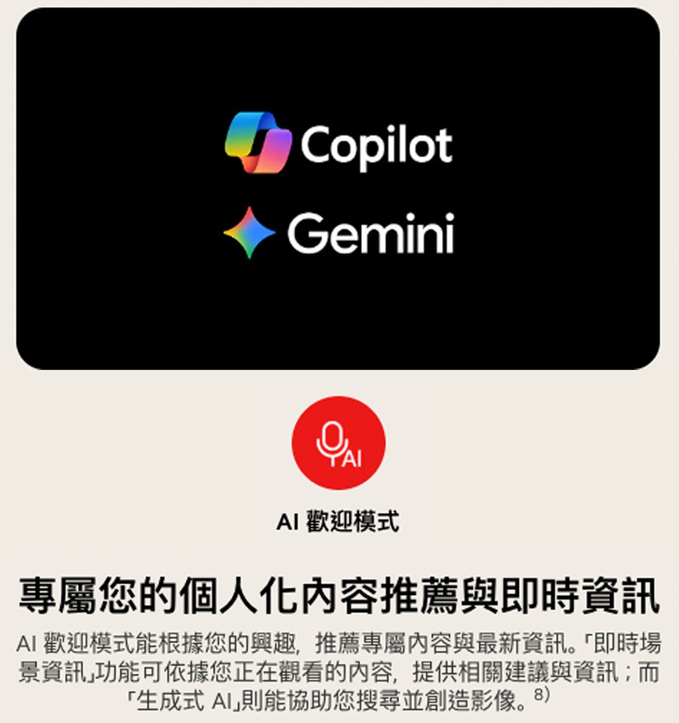 Copilot Gemini AI 歡迎模式 專屬您的個人化內容推薦與即時資訊 歡迎模式能根據您的興趣,推薦專屬內容與最新資訊。