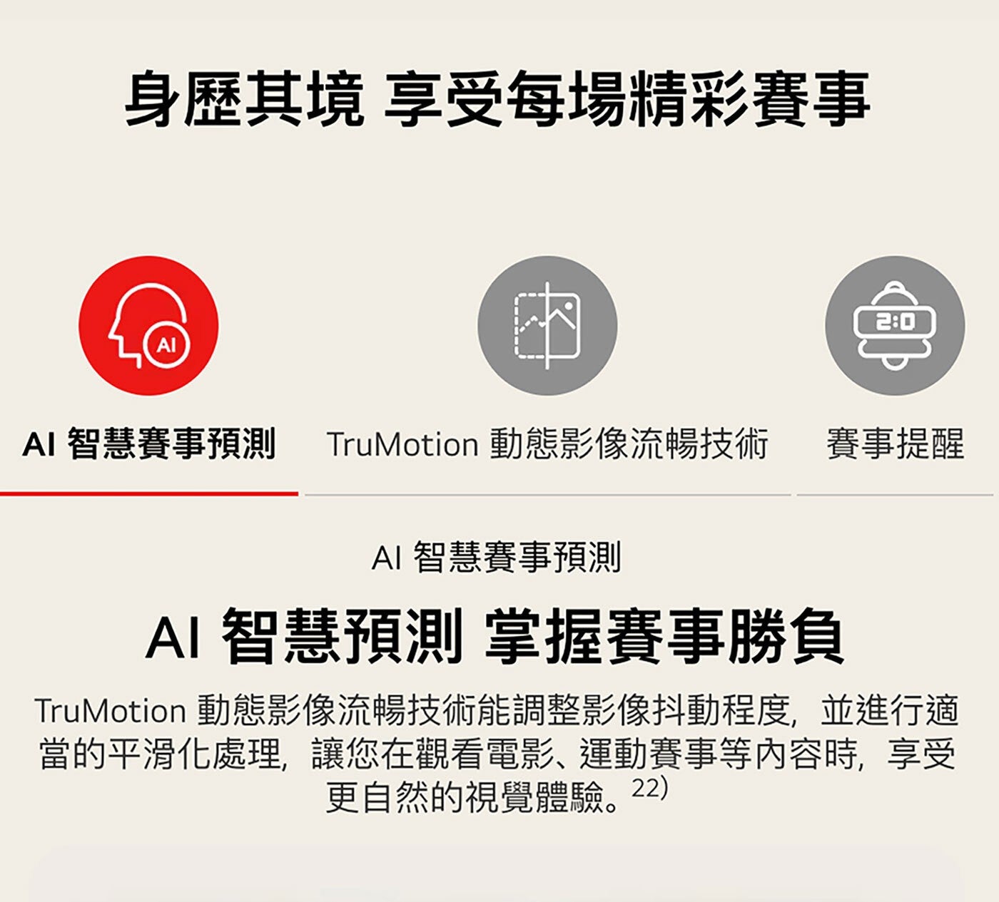 身歷其境 享受每場精彩賽事 由 娜 AI 智慧賽事預測 TruMotion 動態影像流暢技術 賽事提醒 智慧預測 掌握賽事勝負 動態影像流暢技術能調整影像抖動程度,並進行適 當的平滑化處理...