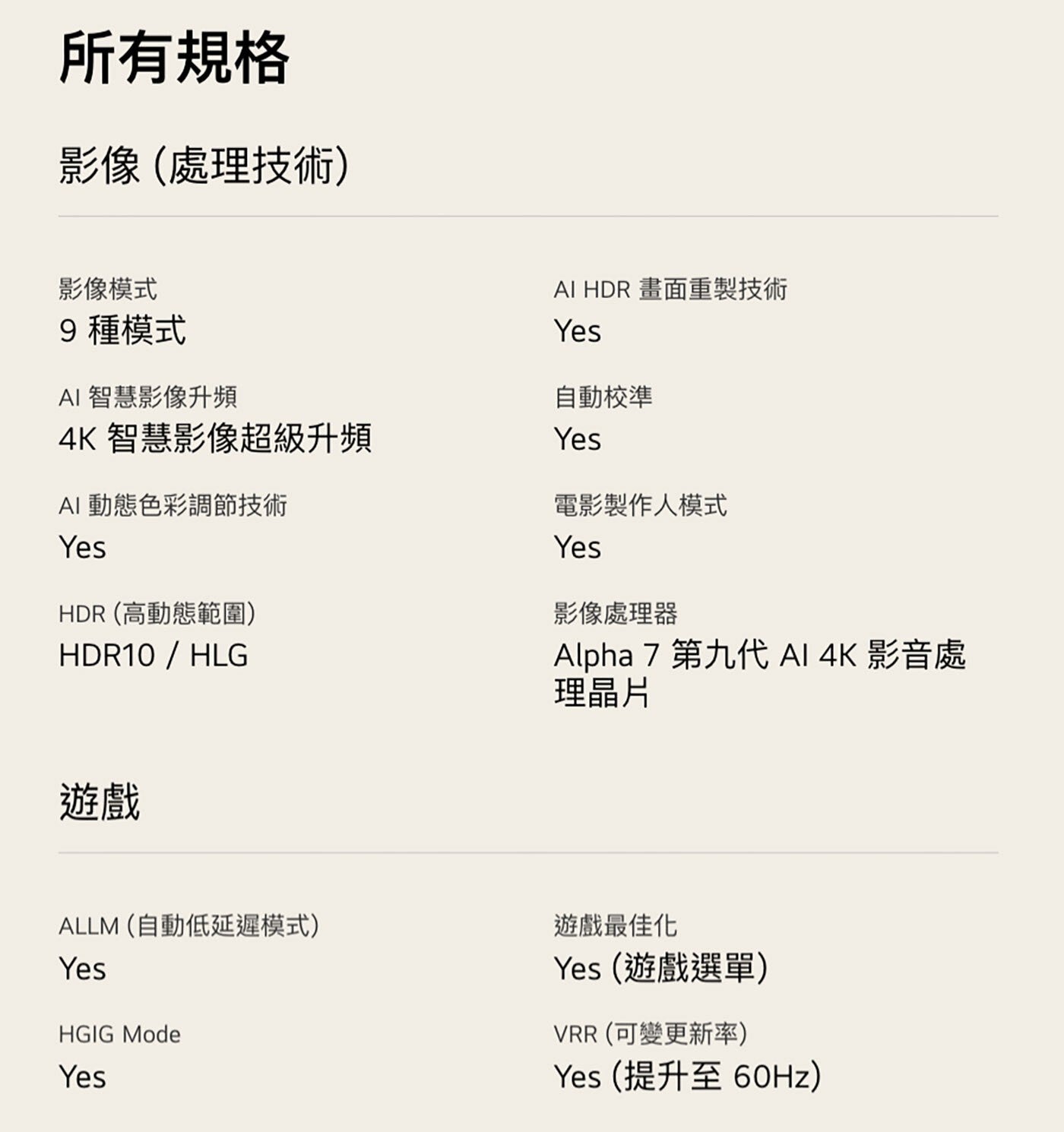 所有規格 影像處理技術 影像模式 9種模式 AI 智慧影像升頻 智慧影像超級升頻 動態色彩調節技術 Yes HDR 高動態範圍 HDR10/HLG 畫面重製技術 自動校準 電影製作人模式 影像處理器...