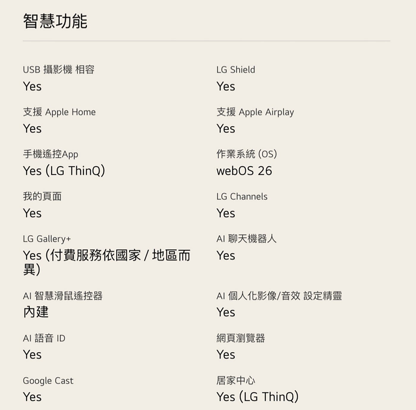 智慧功能 USB 攝影機 相容 Yes 支援 Apple Home 手機遙控App LG ThinQ 我的頁面 LG Gallery 付費服務依國家/地區而 異 AI 智慧滑鼠遙控器 內建 語音...