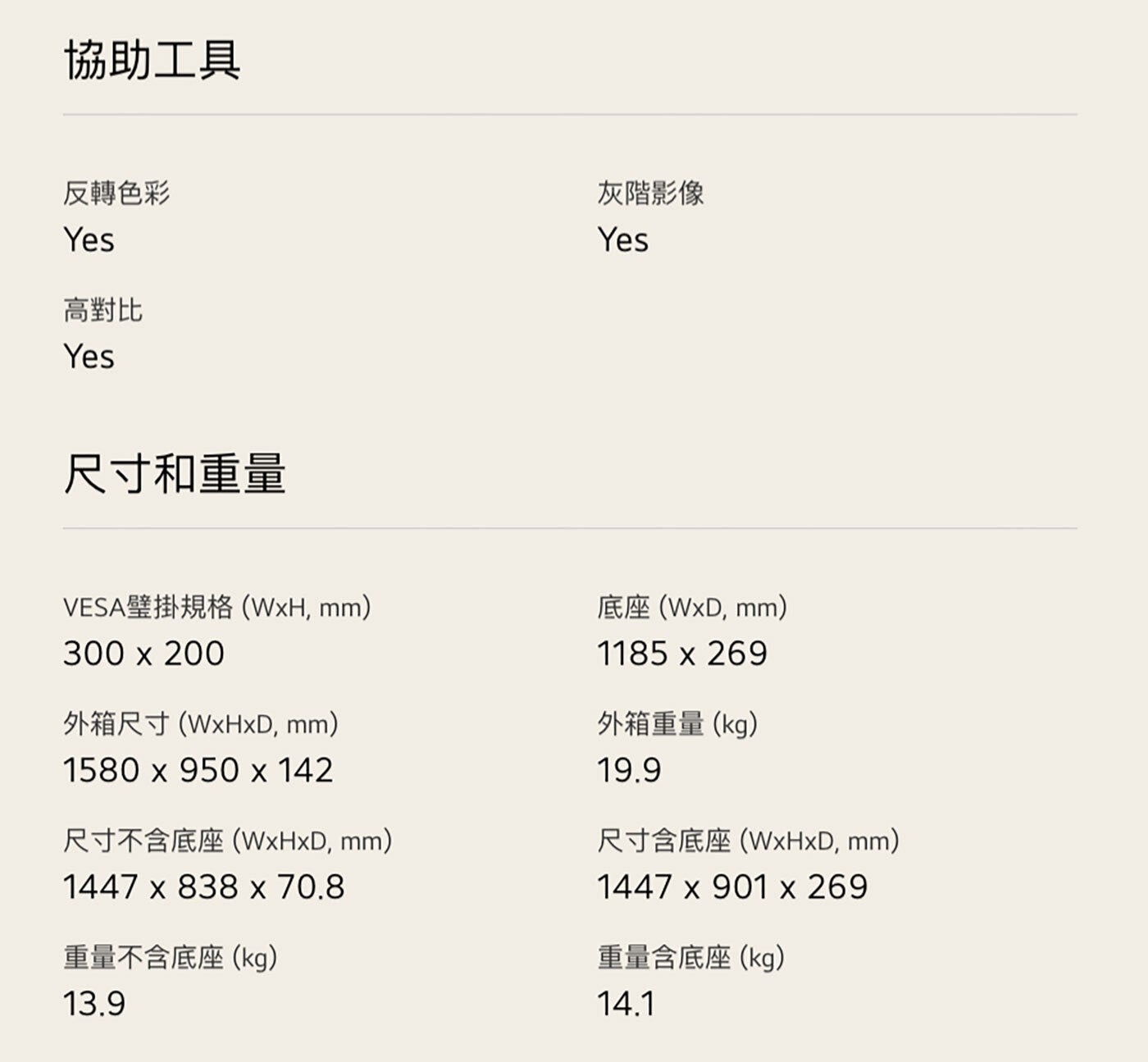 協助工具 反轉色彩 Yes 高對比 尺寸和重量 灰階影像 VESA壁掛規格WxH, mm 底座WxD, 外箱尺寸WxHxD, 尺寸不含底座WxHxD...