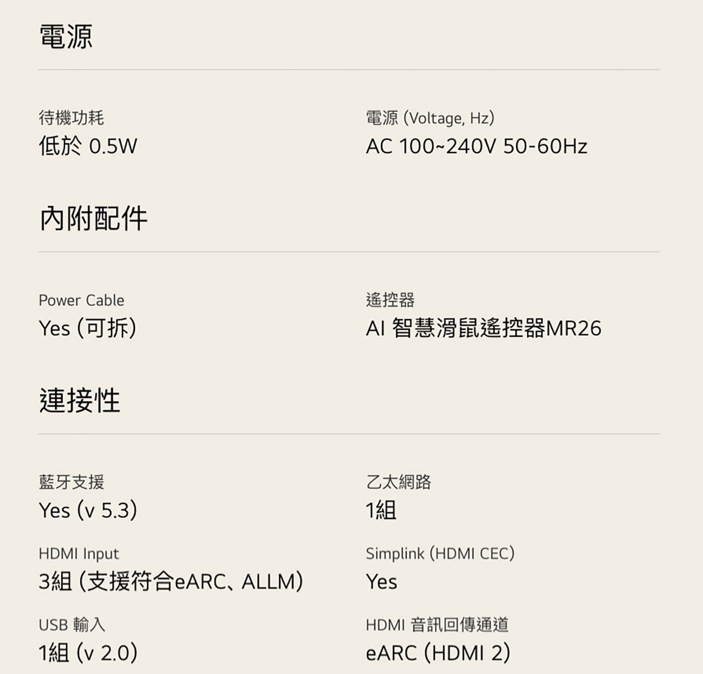 電源 待機功耗 低於 內附配件 電源Voltage, Hz Power Cable Yes 可拆 連接性 遙控器 AI 智慧滑鼠遙控器MR26 藍牙支援 HDMI Input 3組支援符合eARC...