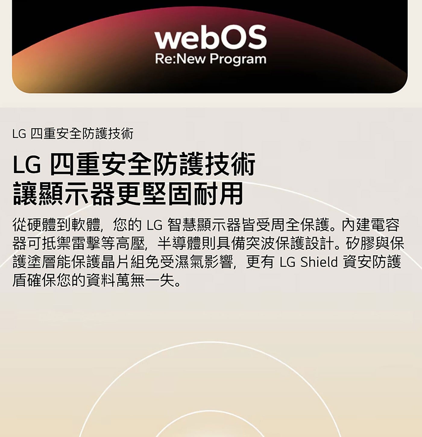 webos Program LG 4重安全防護技術 讓顯示器更堅固耐用 從硬體到軟體,您的LG智慧顯示器皆受周全保護。內建電容 器可抵禦雷擊等高壓,半導體則具備突波保護設計。