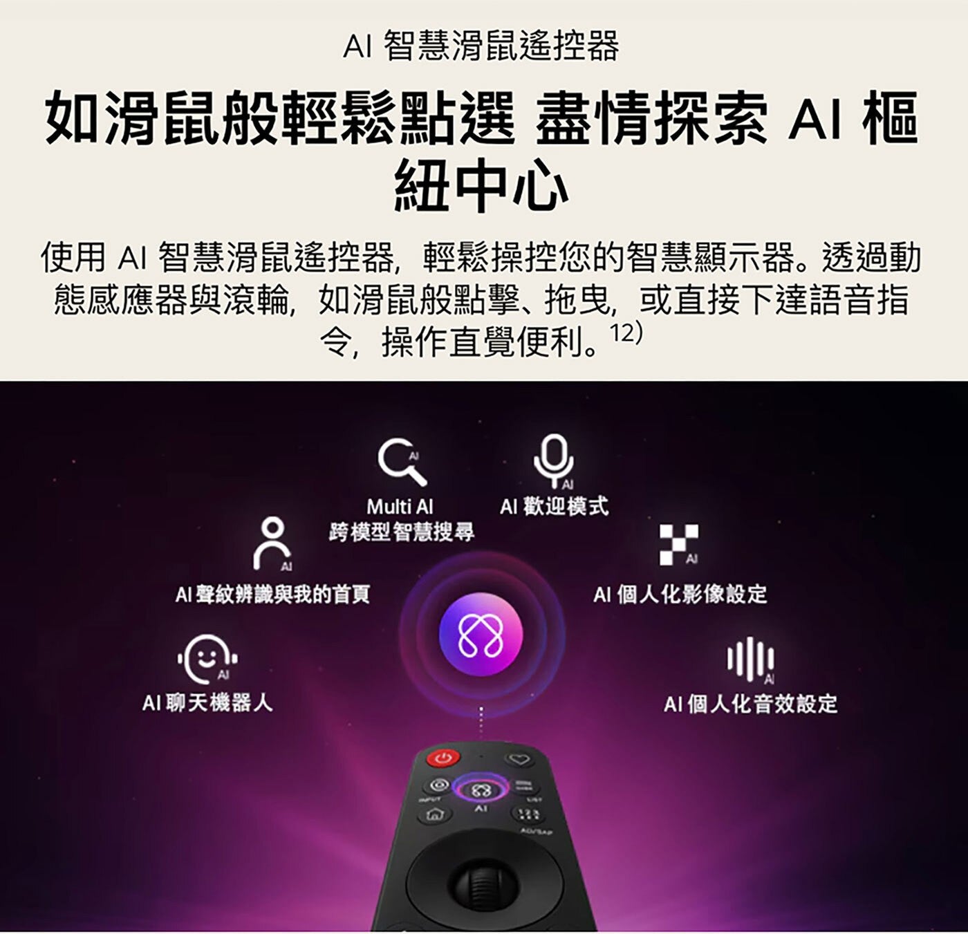 AI 智慧滑鼠遙控器 如滑鼠般輕鬆點選 盡情探索 AI樞 紐中心 使用 智慧滑鼠遙控器,輕鬆操控您的智慧顯示器。透過動 態感應器與滾輪,如滑鼠般點擊、拖曳,或直接下達語音指 令,操作直覺便利。
