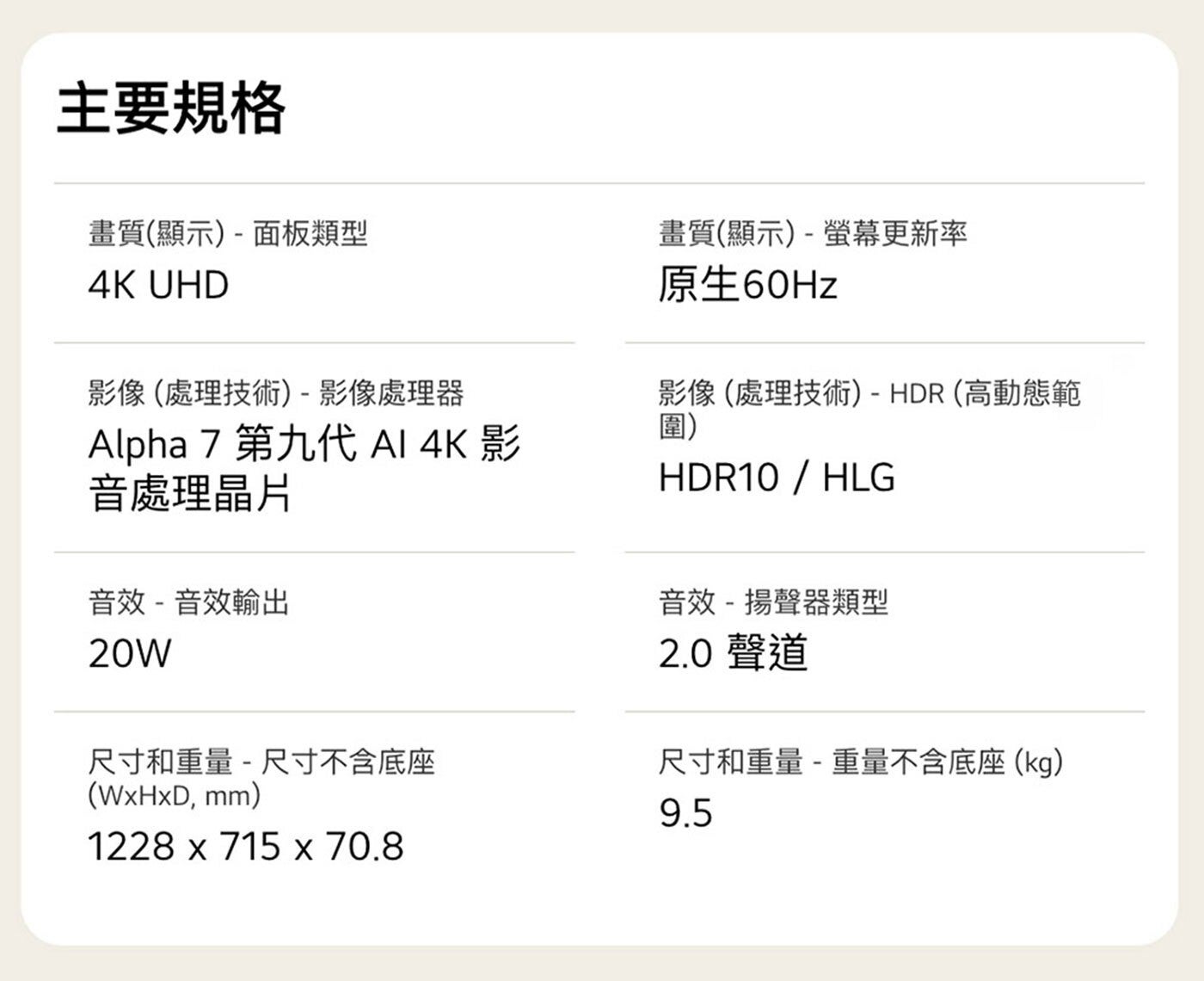主要規格 畫質顯示-面板類型 UHD 畫質顯示-螢幕更新率 原生60Hz 影像處理技術-HDR高動態範 HLG 影像處理技術-影像處理器 Alpha 第9代 AI 影 音處理晶片 圍 音效-音效輸出...