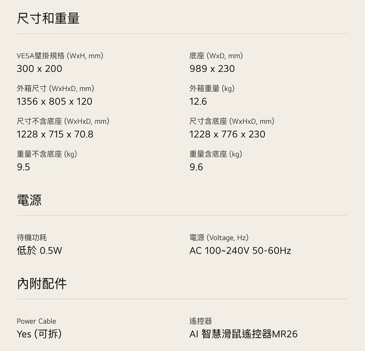 尺寸和重量 VESA壁掛規格WxH, mm 外箱尺寸WxHxD, 尺寸不含底座WxHxD, 重量不含底座kg 底座WxD, 元 外箱重量kg 尺寸含底座WxHxD...