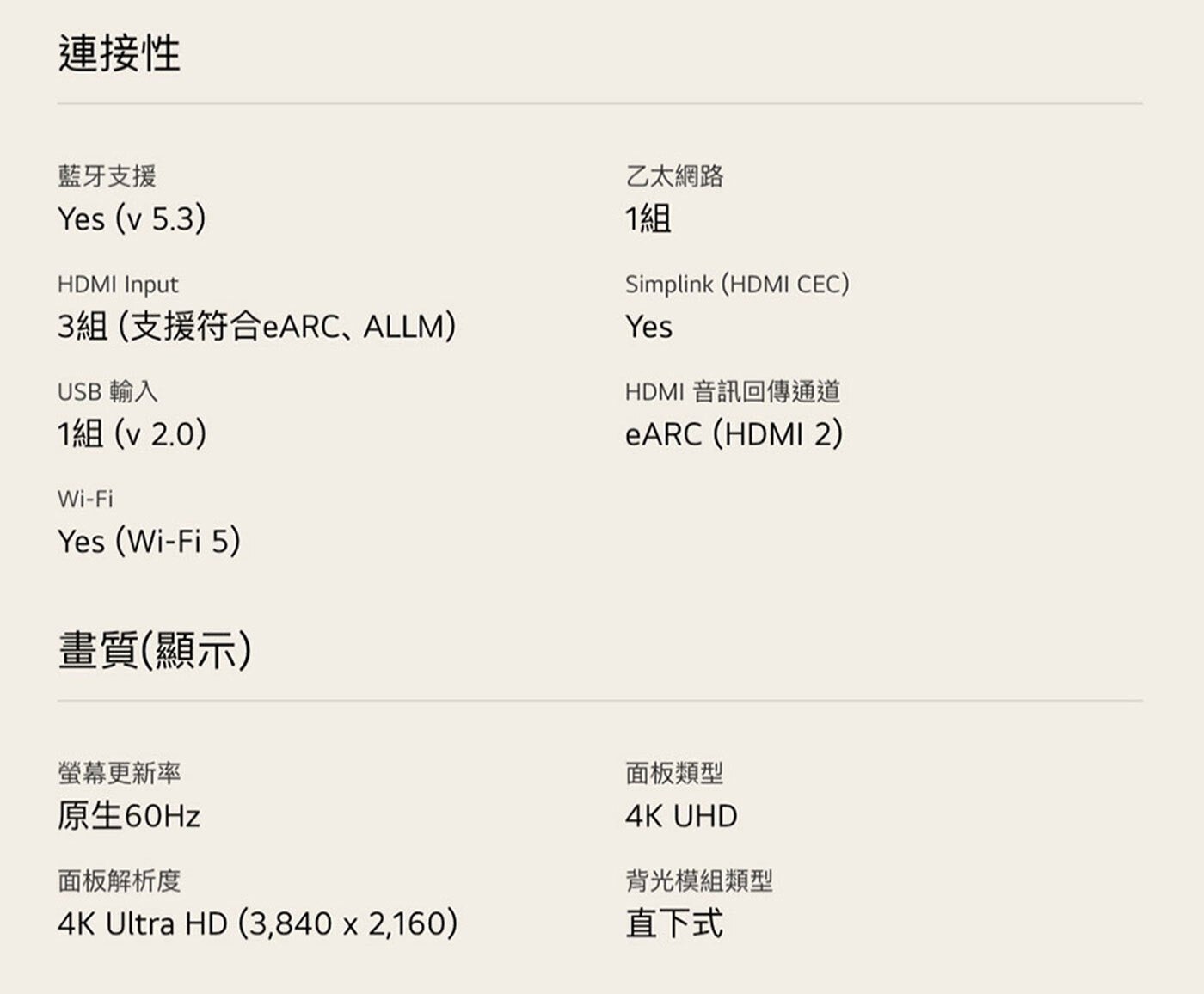 連接性 藍牙支援 Yes HDMI Input 3組支援符合eARC...