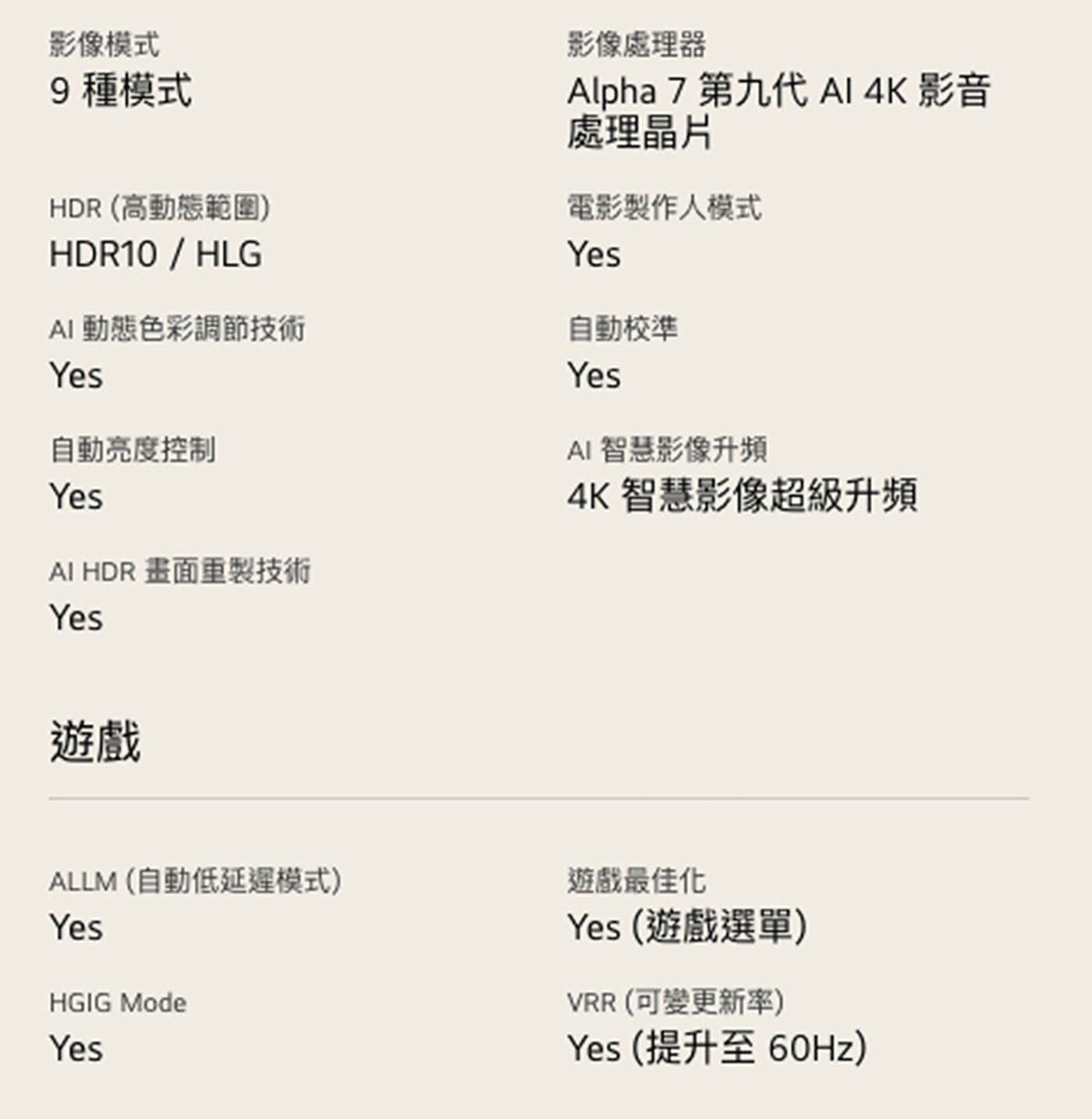 影像模式 種模式 HDR高動態範圍 HDR10/HLG AI 動態色彩調節技術 Yes 自動亮度控制 HDR 畫面重製技術 影像處理器 Alpha 第9代 影音 處理晶片 電影製作人模式 自動校準...